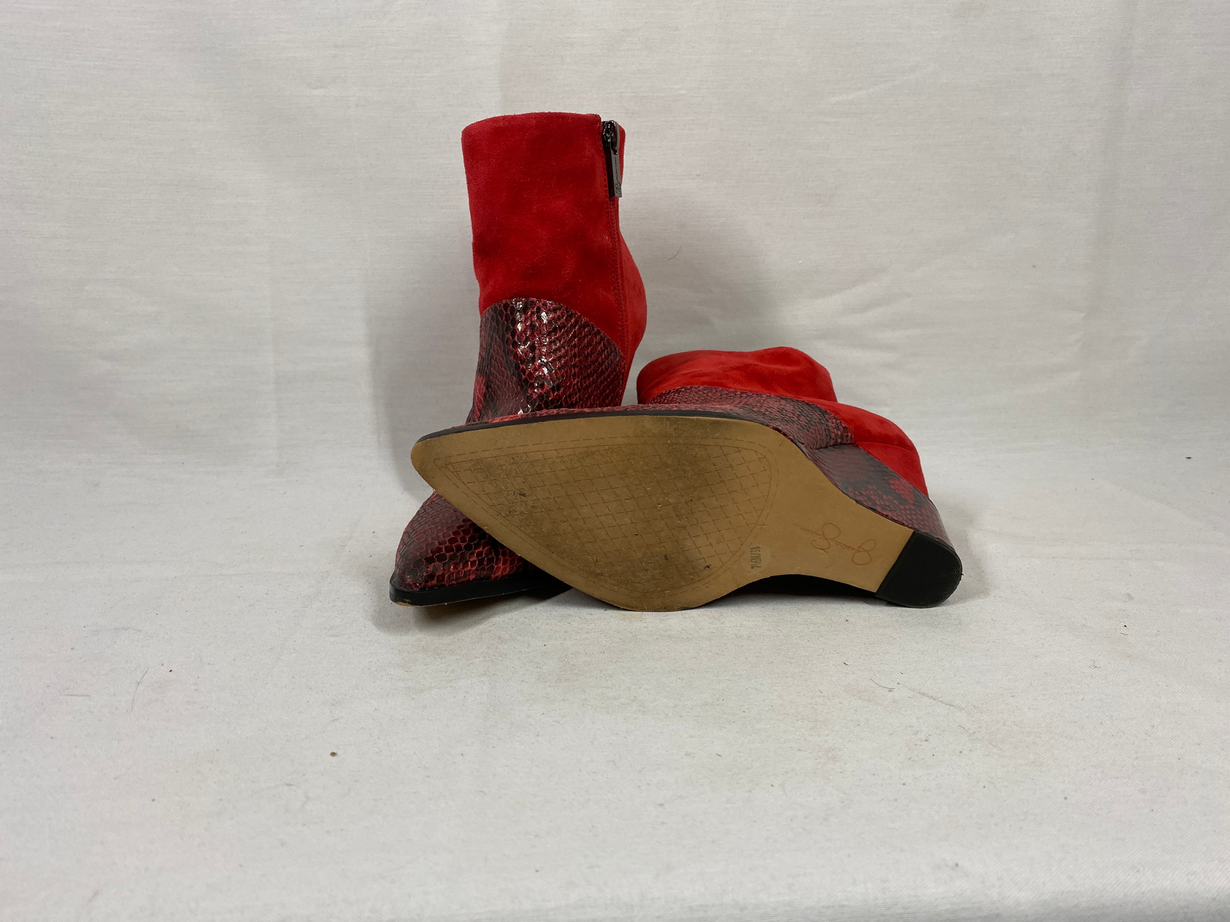Jessica Simpson Red Suede and Snakeskin Ankle Wedge Boots Women's Size 7.5