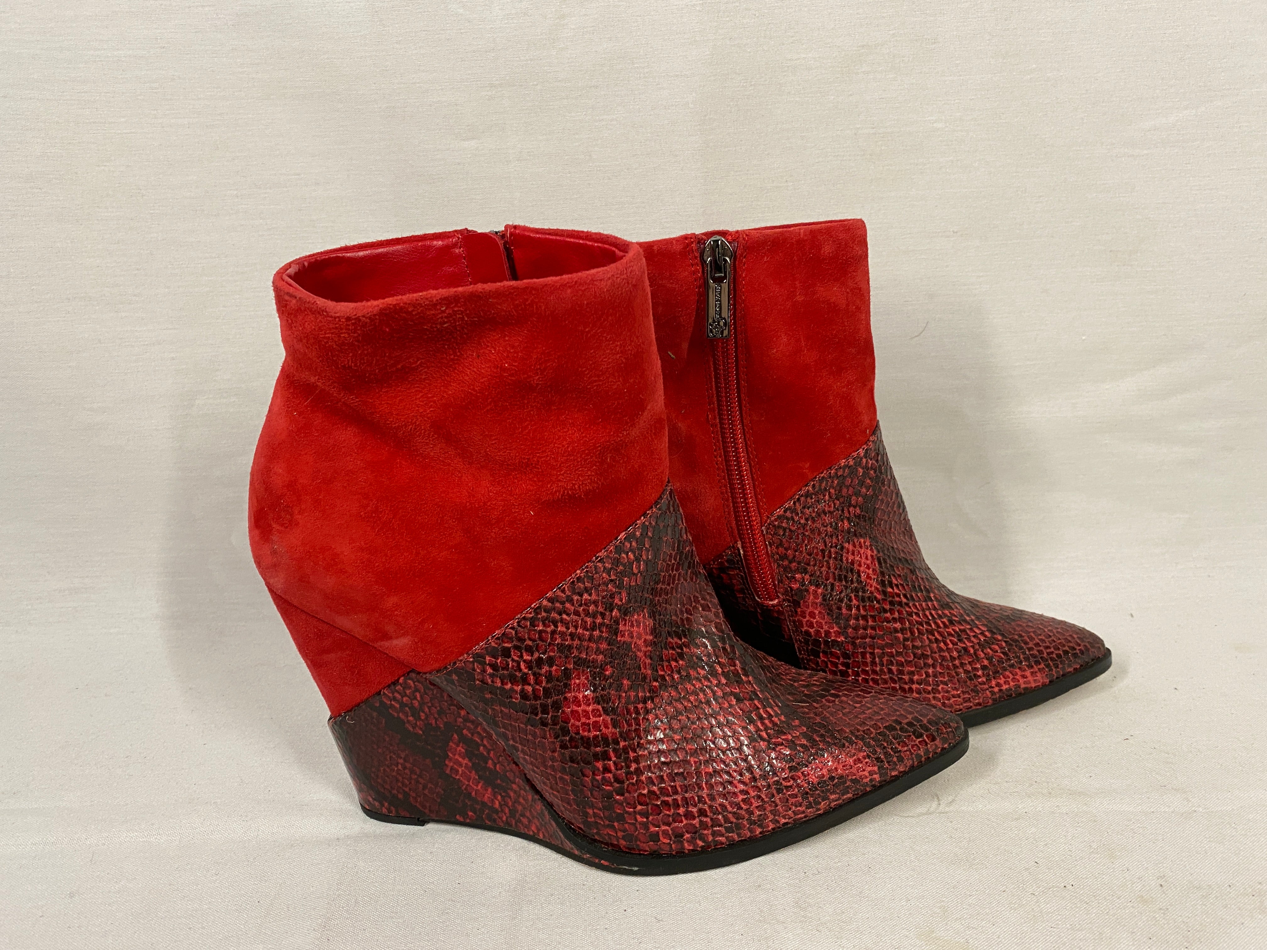 Jessica Simpson Red Suede and Snakeskin Ankle Wedge Boots Women's Size 7.5