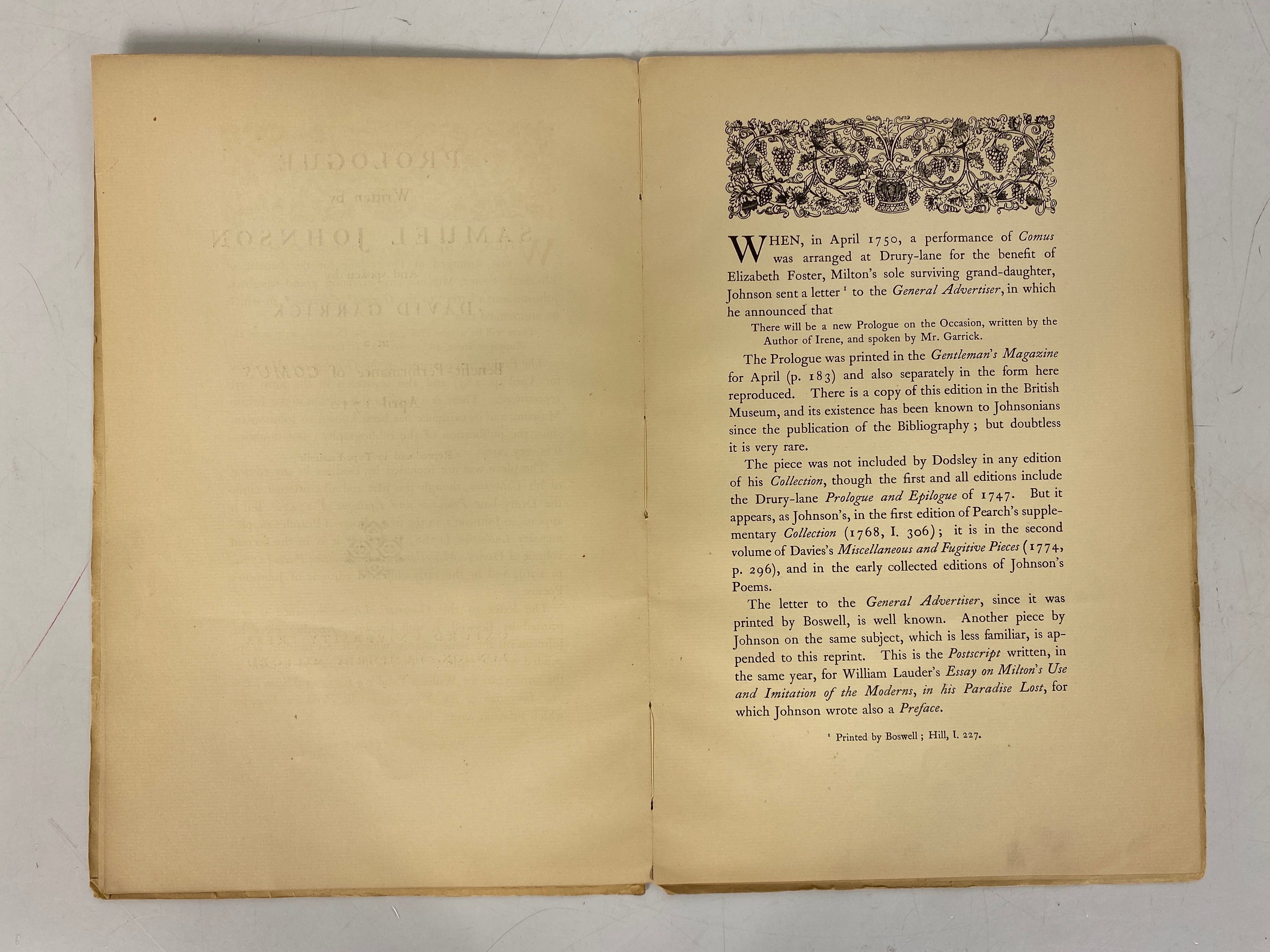 Johnson's Prologue to Comus 1750 Facsimile Repro 1925