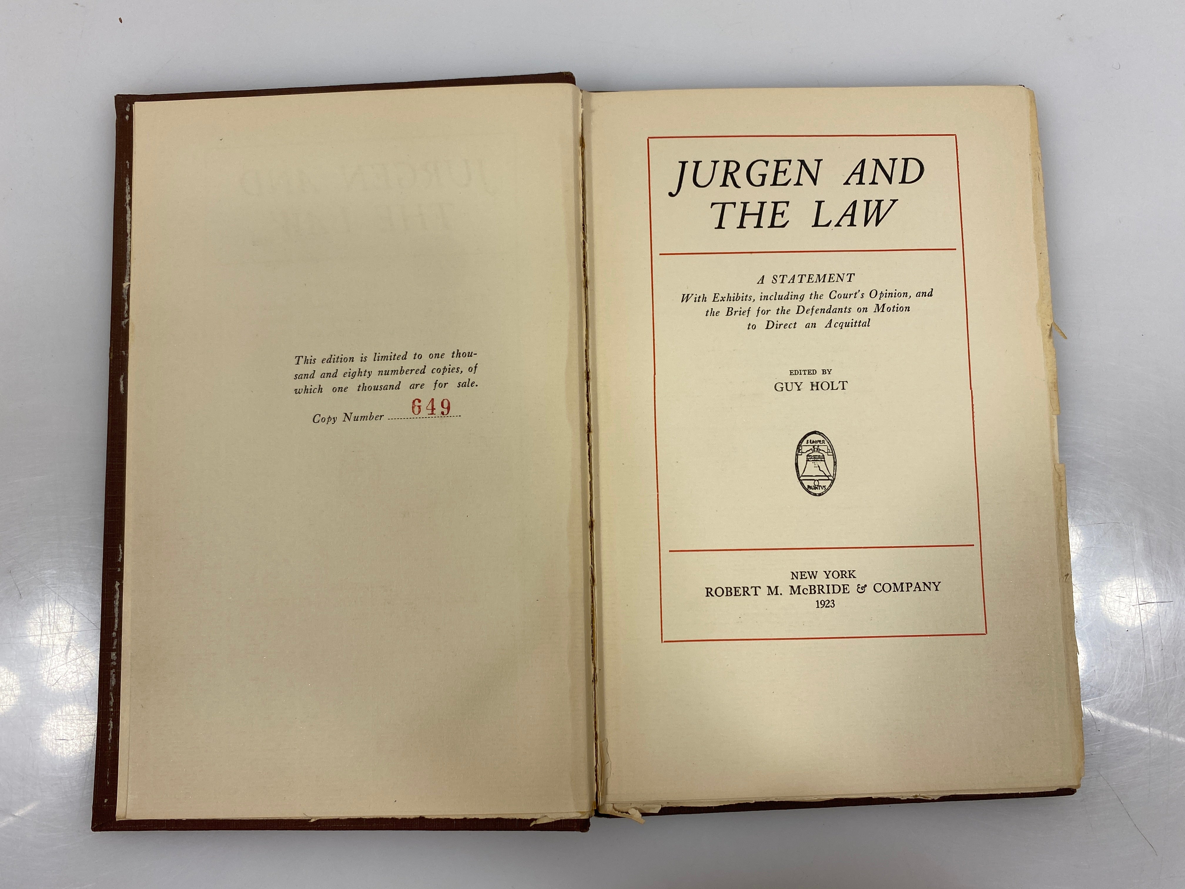 Jurgen and the Law Edited by Guy Holt Number 649 1923 HC