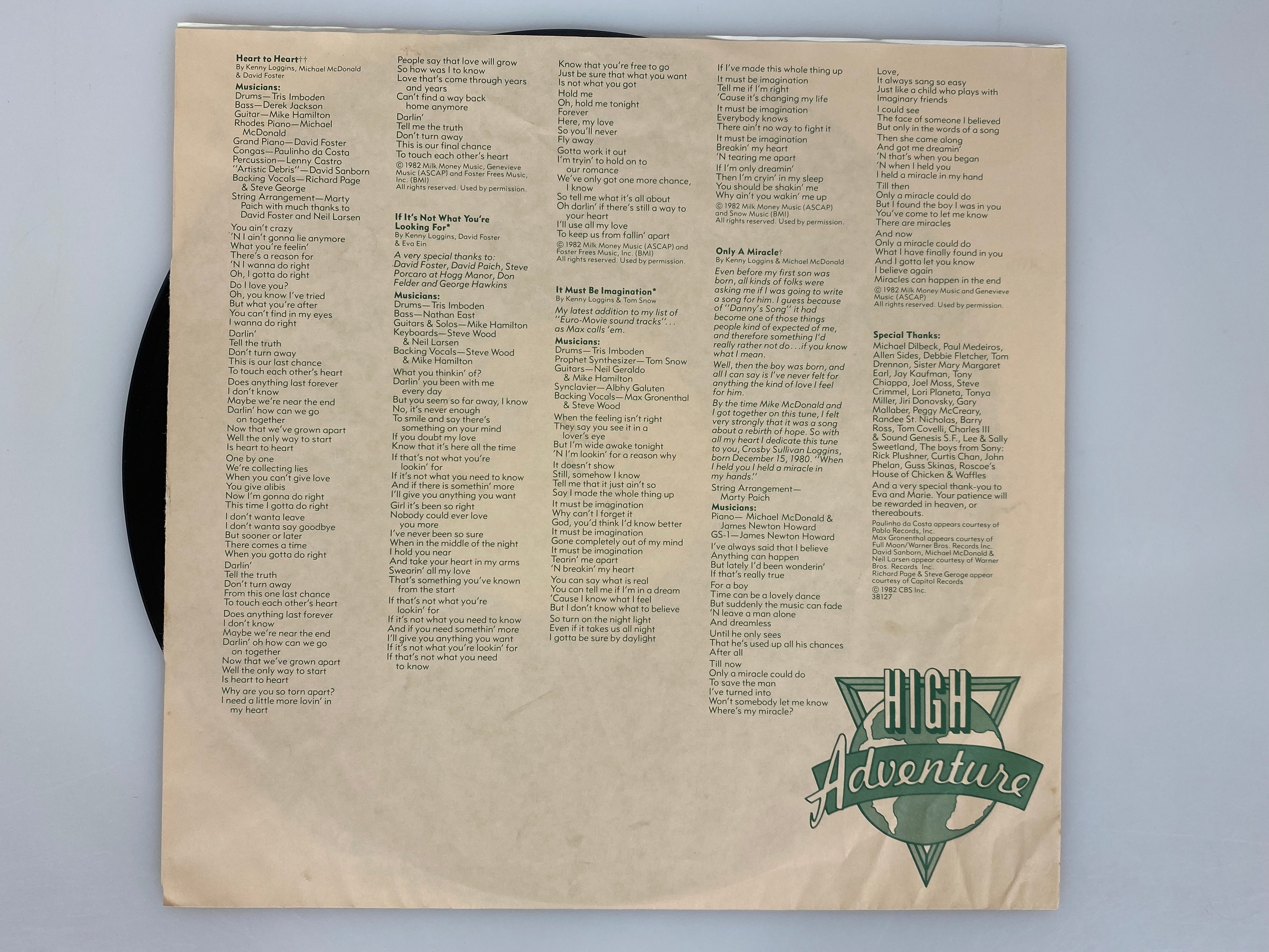 Kenny Loggins High Adventure 1982 Vinyl Record