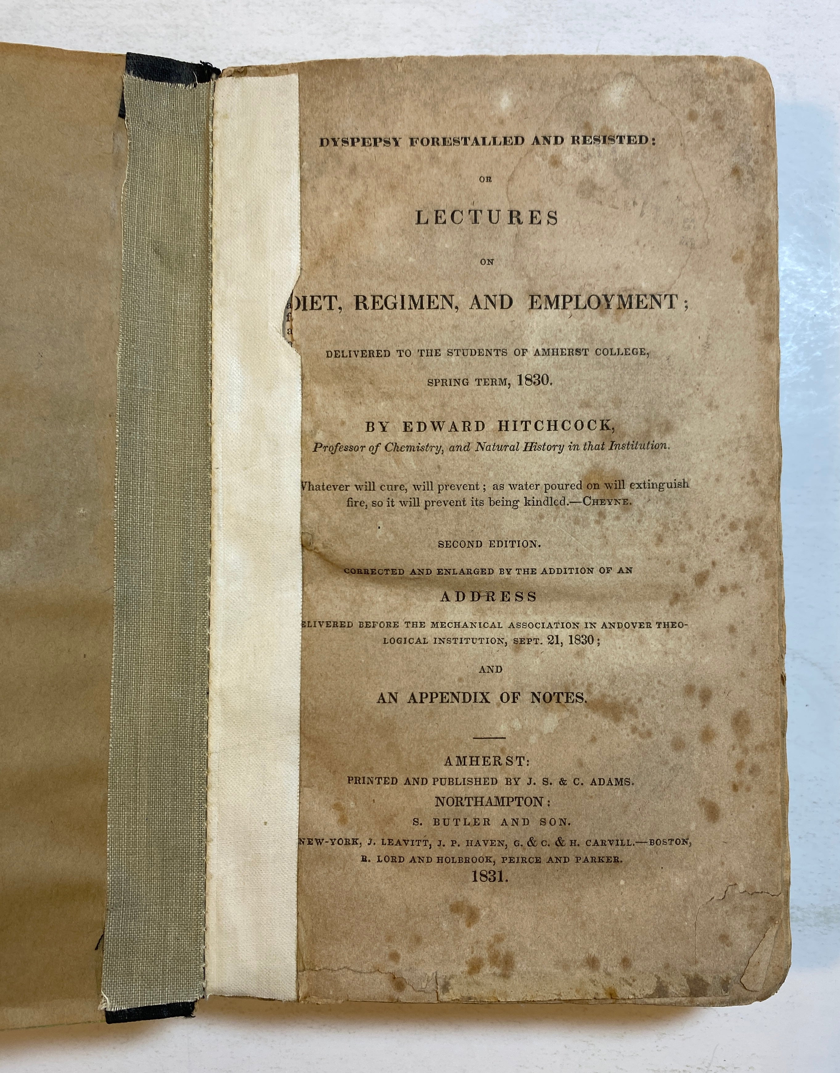 Lectures on Diet Regimen and Employment by E. Hitchcock 1831 in Library Binding