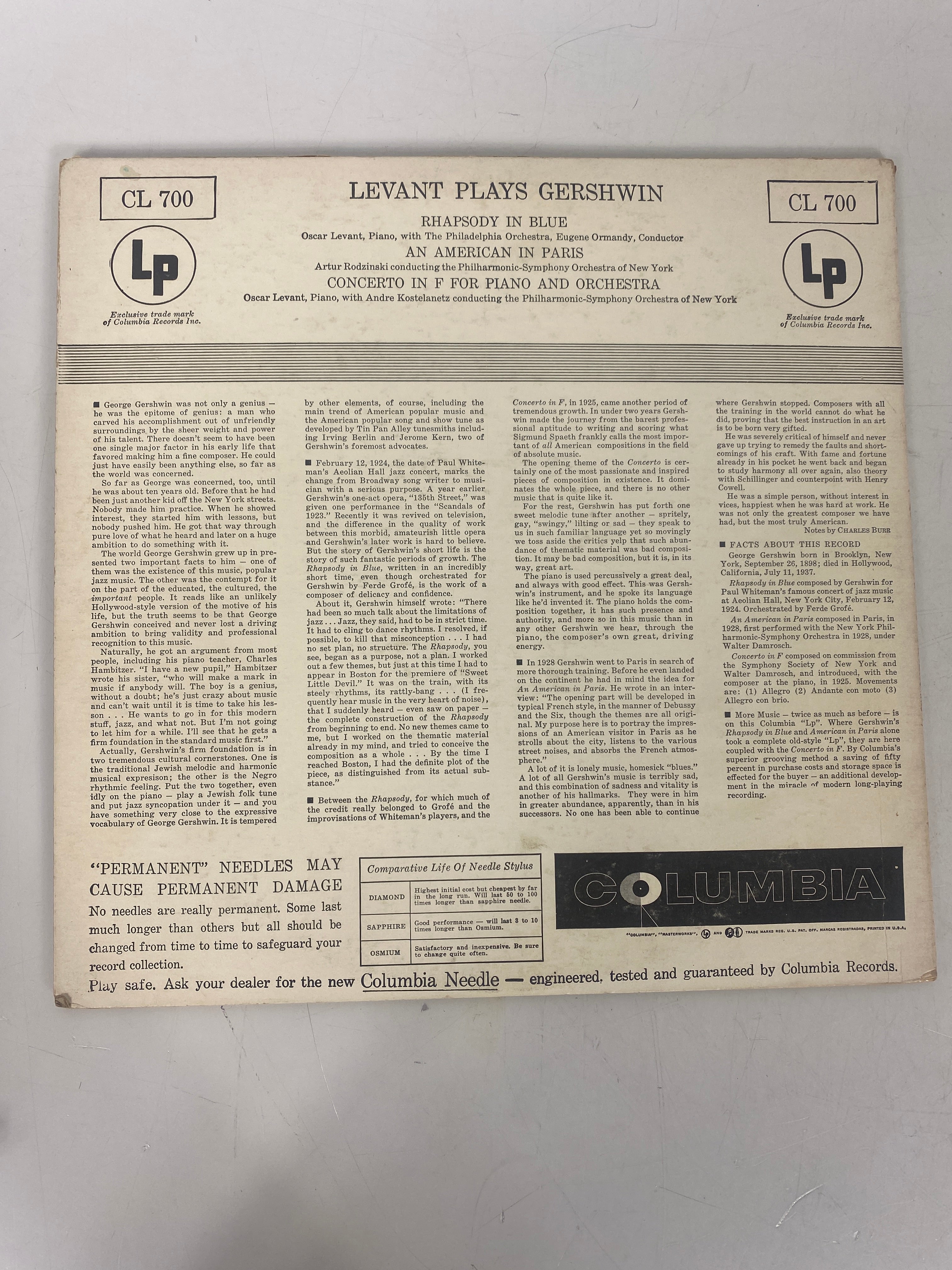 Levant Plays Gershwin Rhapsody in Blue and an American in Paris Vinyl Record