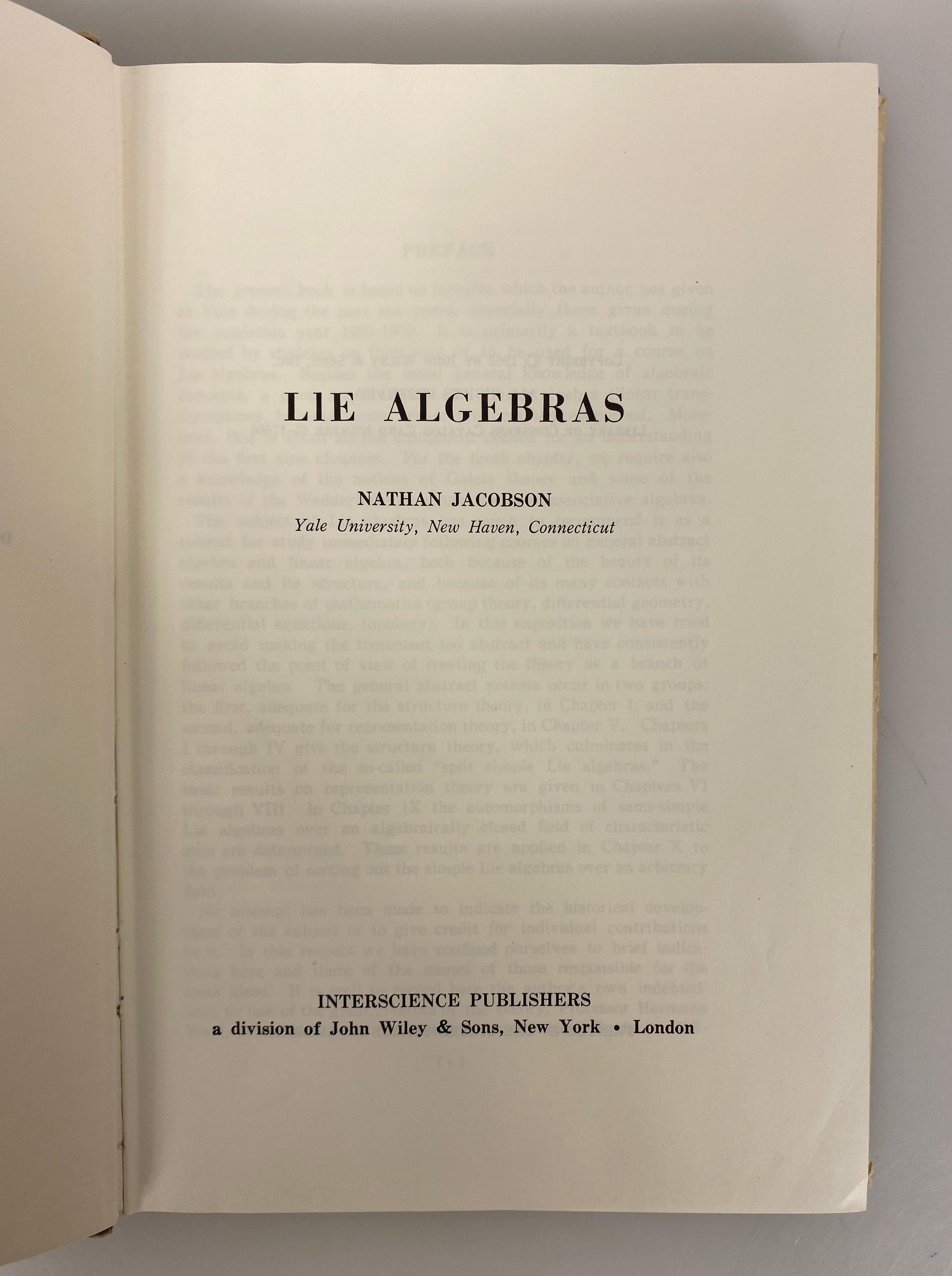 Lie Algebras by Nathan Jacobson 1962 Interscience Tracts 10 HC DJ