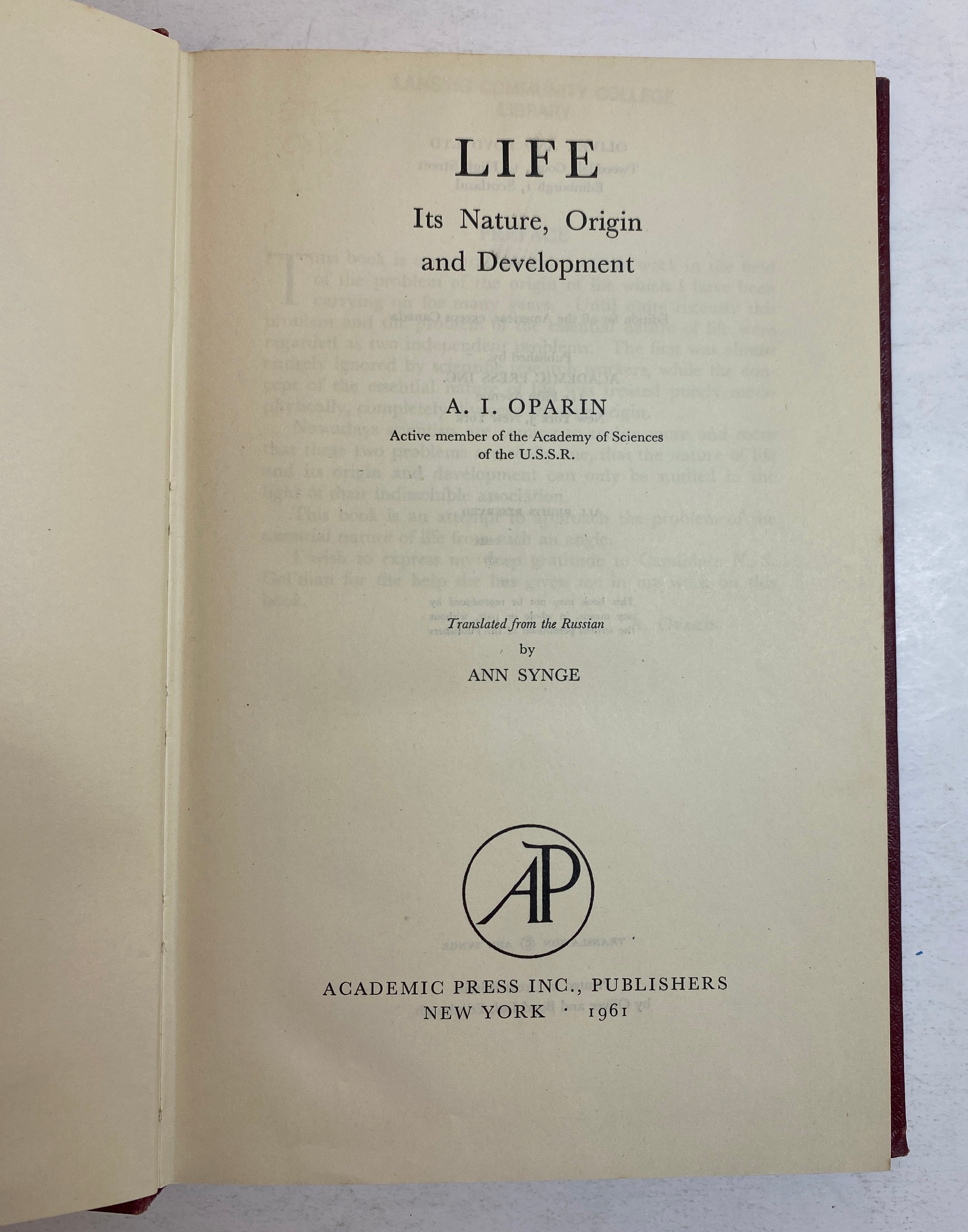 Life Its Nature Origin and Development by A.I. Oparin 1961 Ex-Library HC
