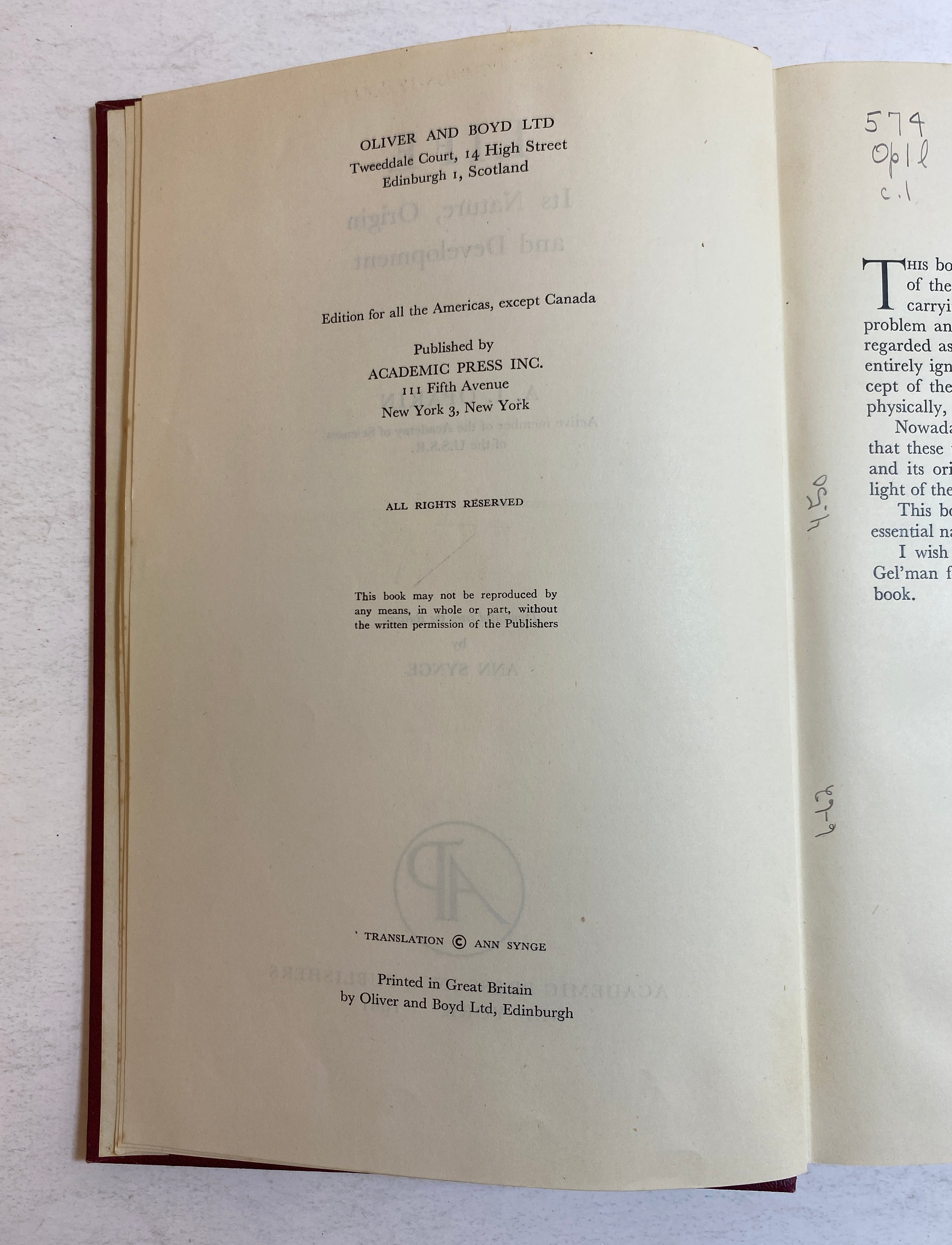 Life Its Nature Origin and Development by A.I. Oparin 1961 Ex-Library HC