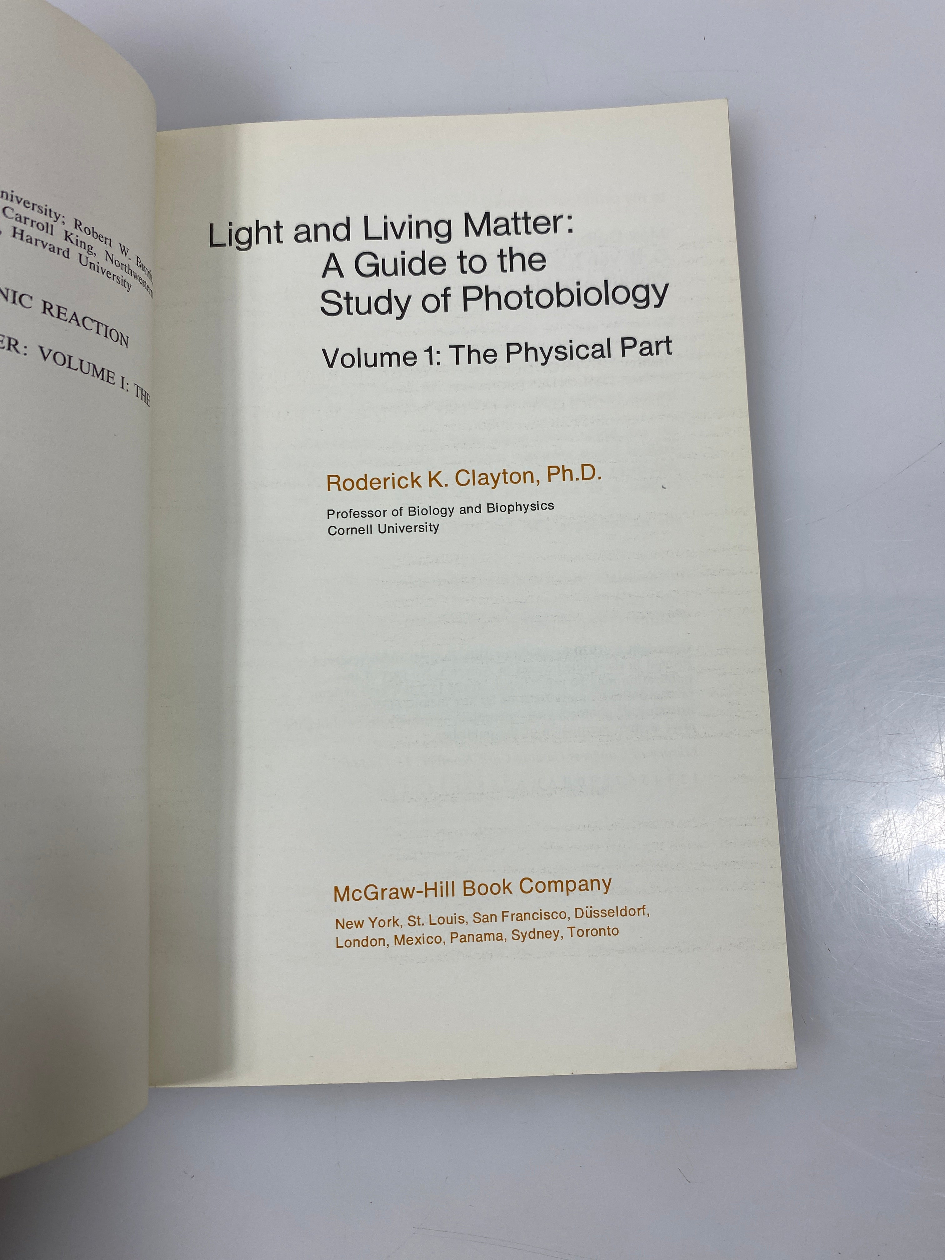 Light and Living Matter Vol. 1 Physical Part by Clayton 1970 SC