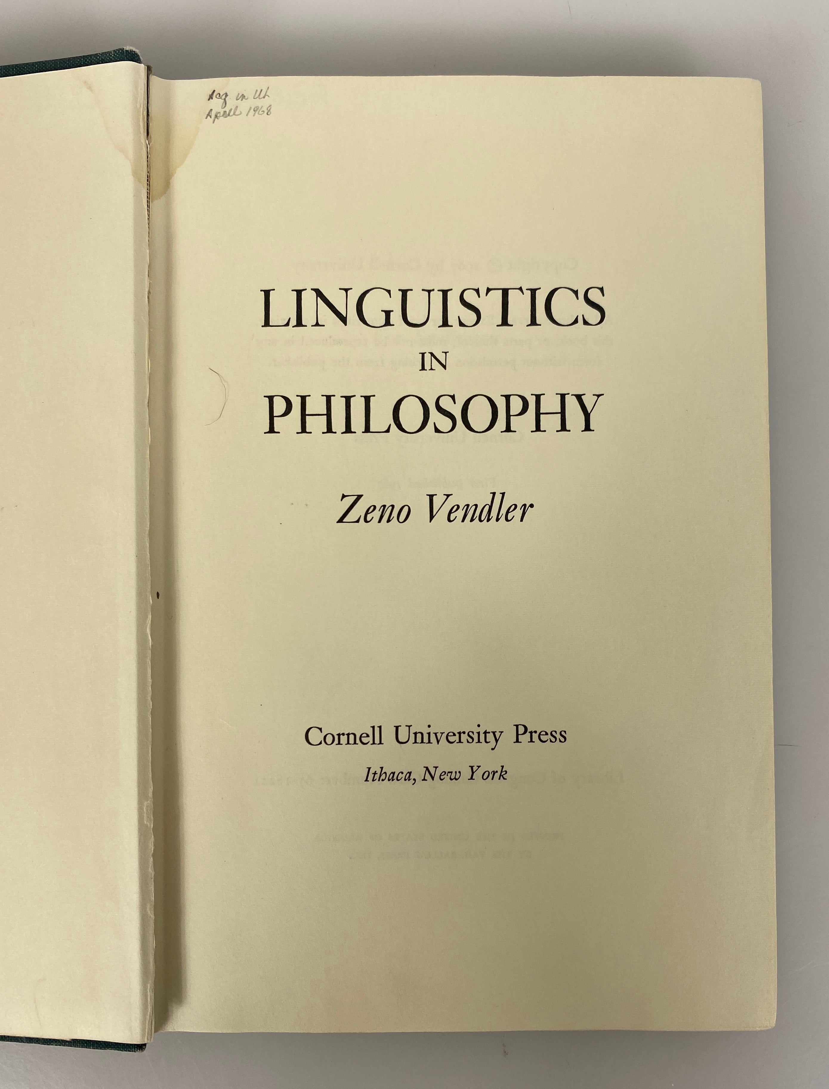 Linguistics in Philosophy by Zeno Vendler 1967 First Edition Ex-Library HC
