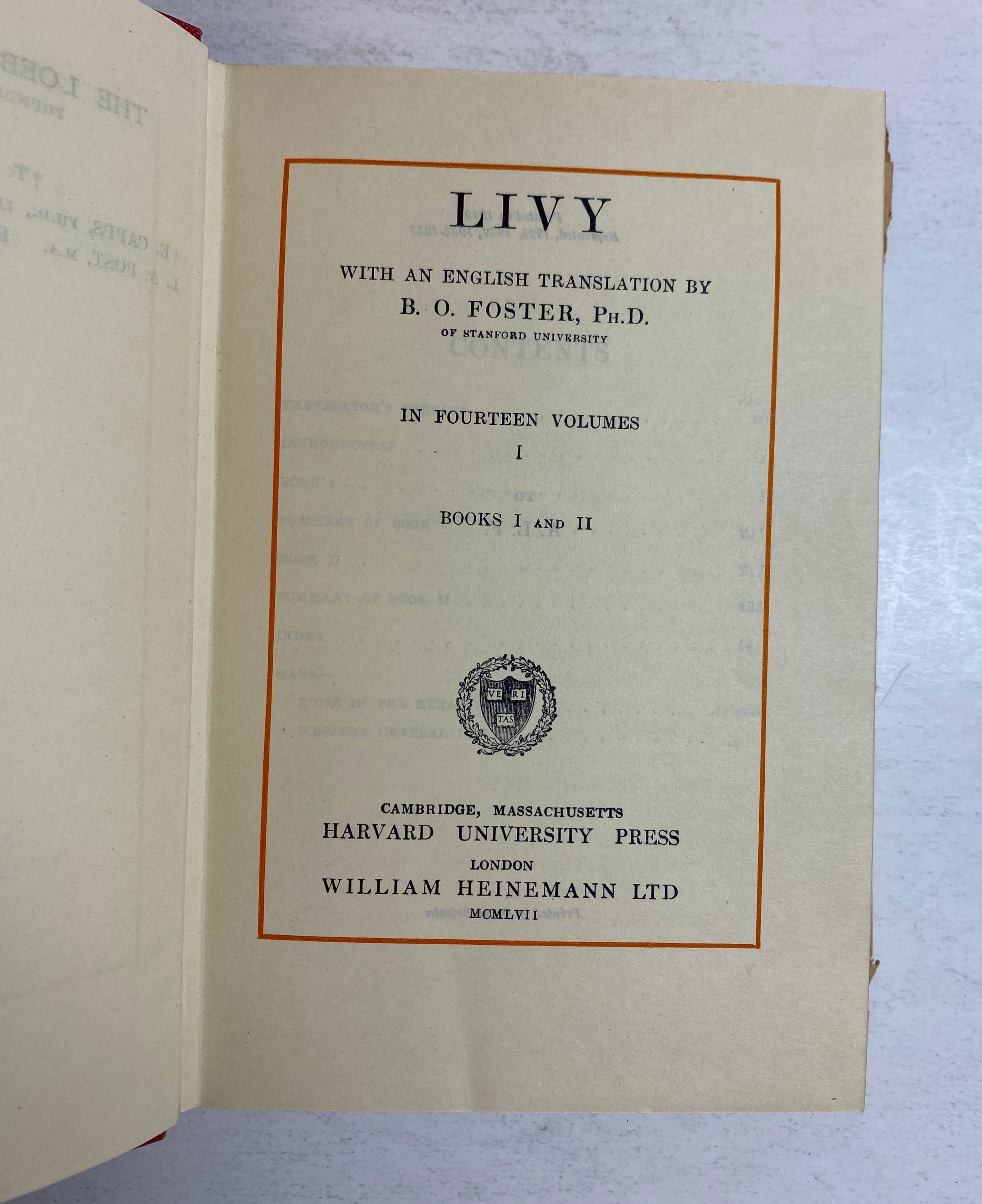 Livy I Books I & II Loeb Classical Library B.O. Foster 1957 HC DJ