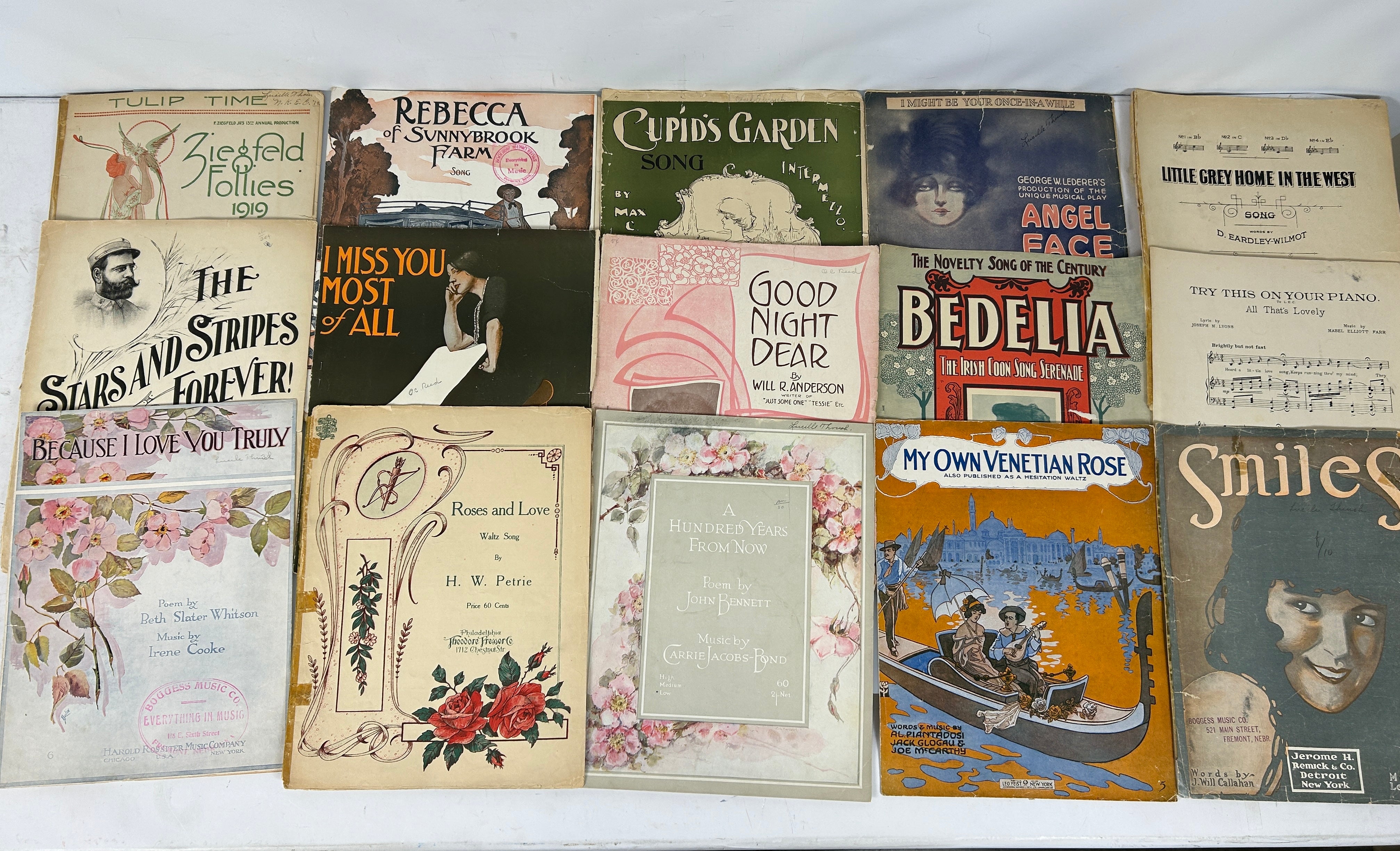 Lot of 15 Pieces Colorful Vintage Sheet Music 1919-1950s