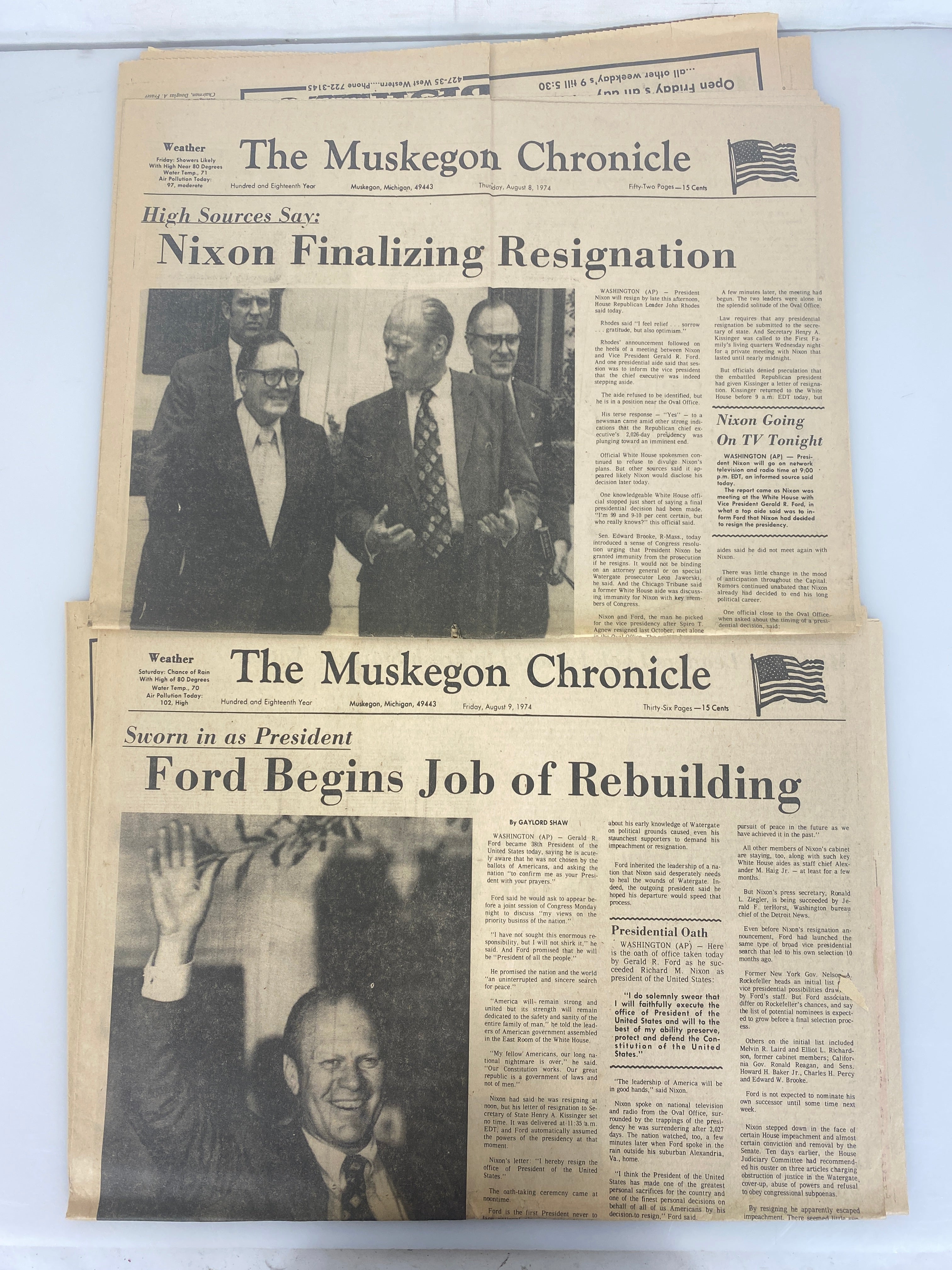 Lot of 2 Vintage Newspapers Nixon Resignation 1974