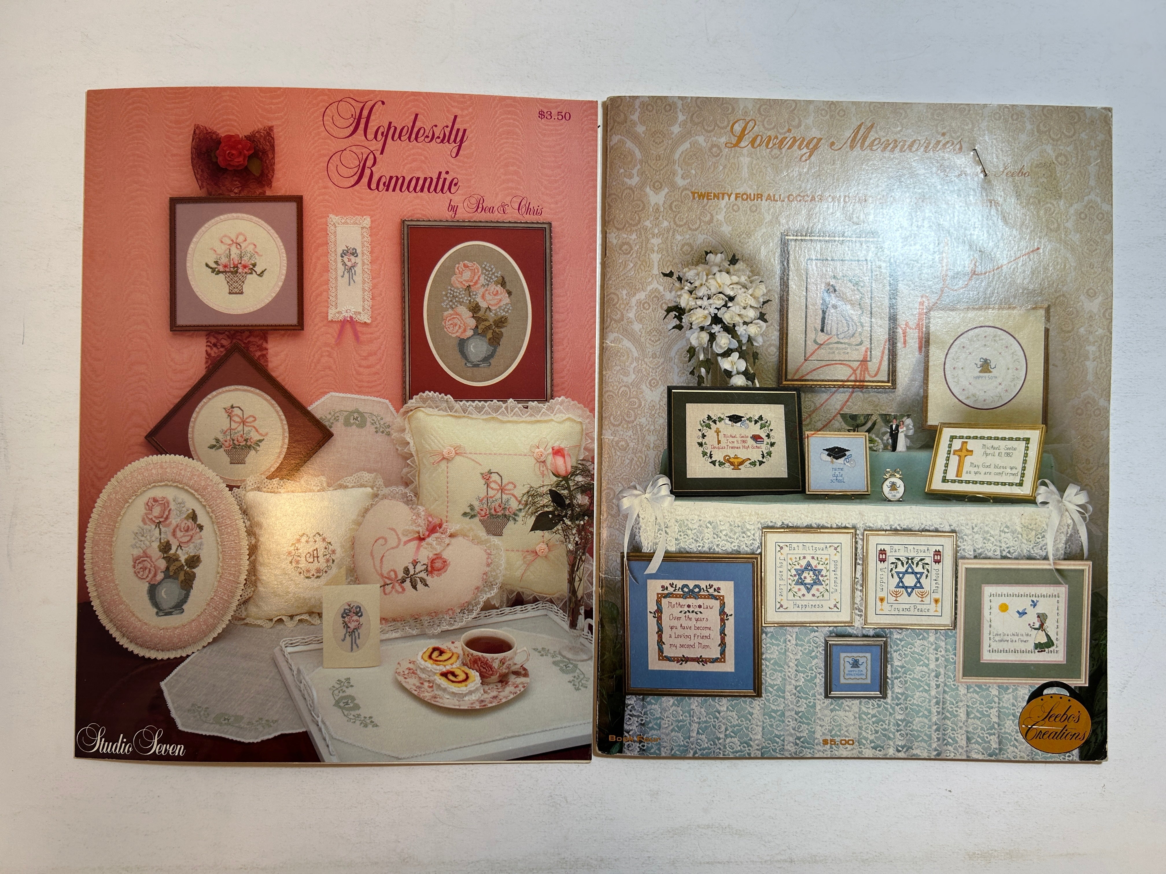 Lot of 2 Vntg Cross Stitch Booklets:Loving Memories/Hopelessly Romantic 1982/88