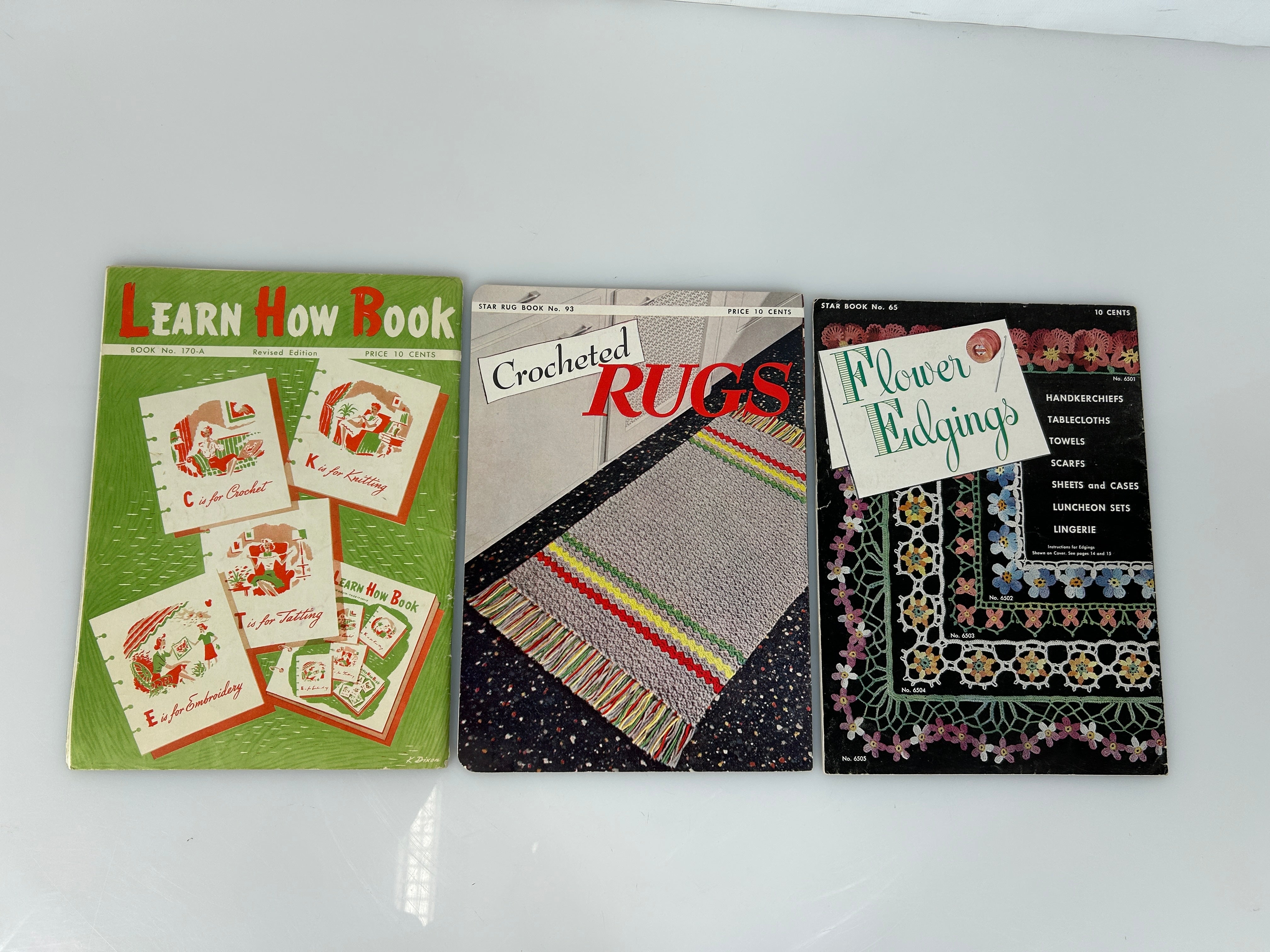 Lot of 3 Antique Crochet Books: Learn How To, Crocheted Rugs & Flowered Edging