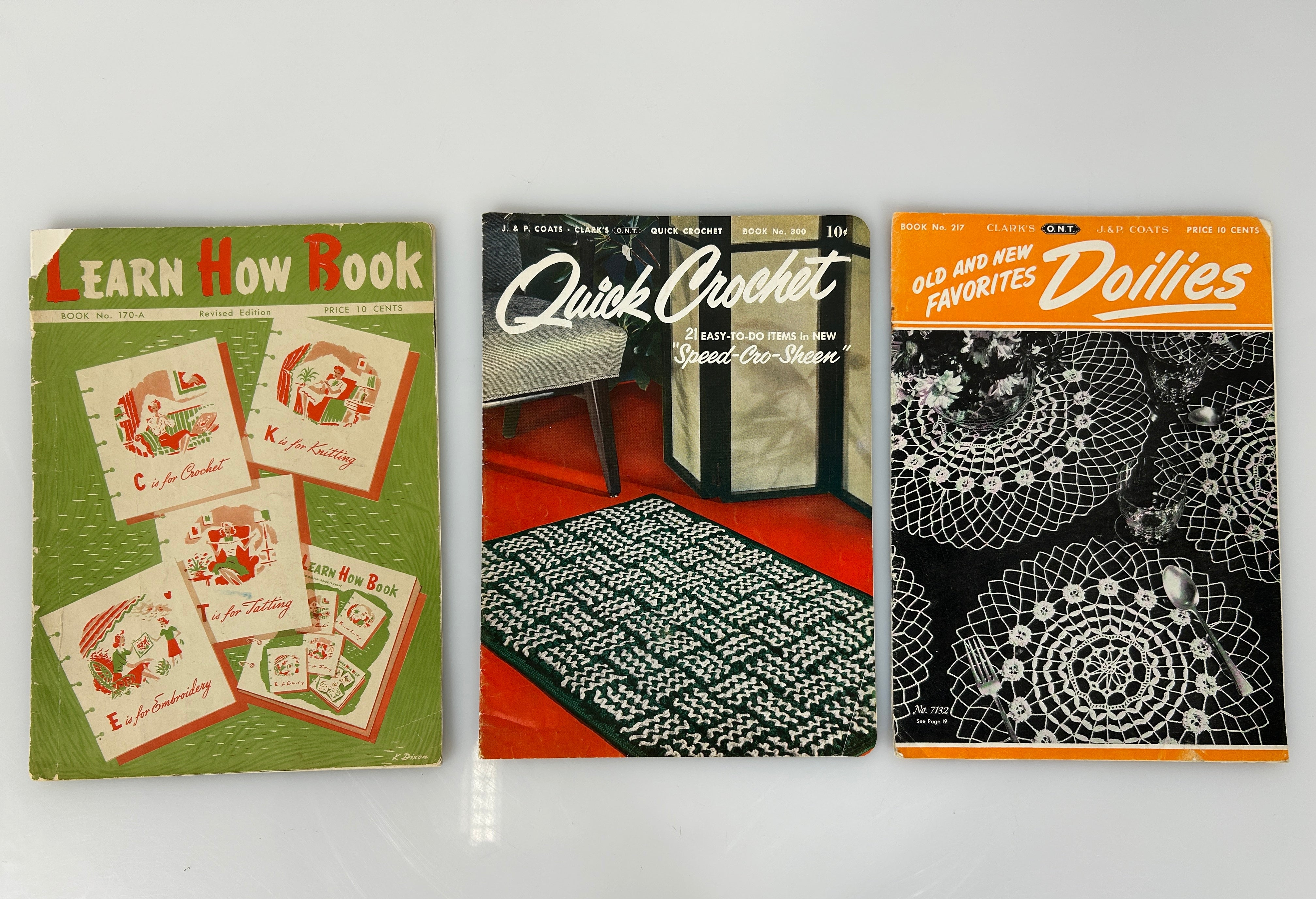 Lot of 3 Antique Crochet Books: Learn How To, Quick Crochet, & Favorite Doilies