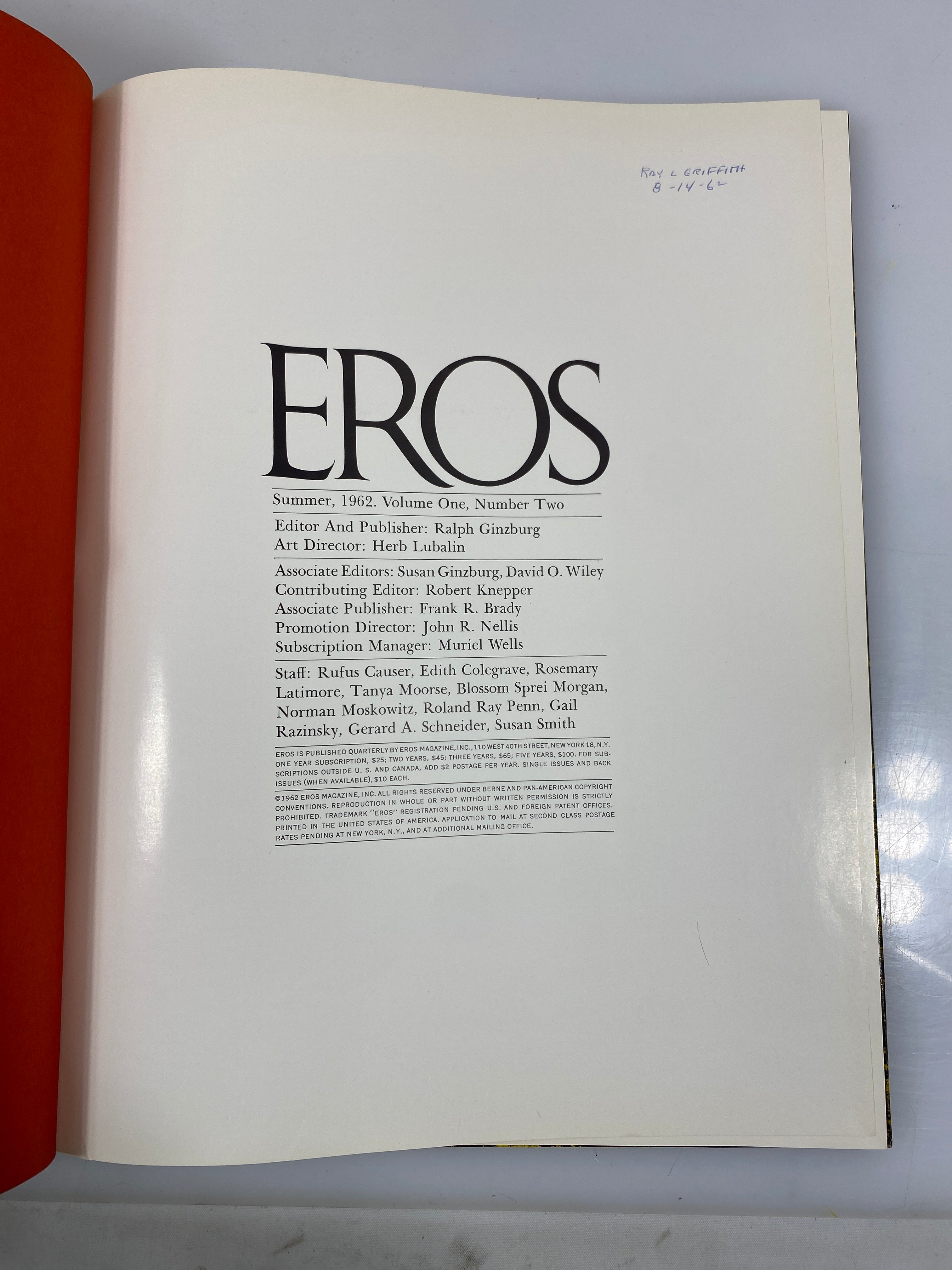 Lot of 4: Eros Magazine Volume 1 Number 1-4 1962 HC
