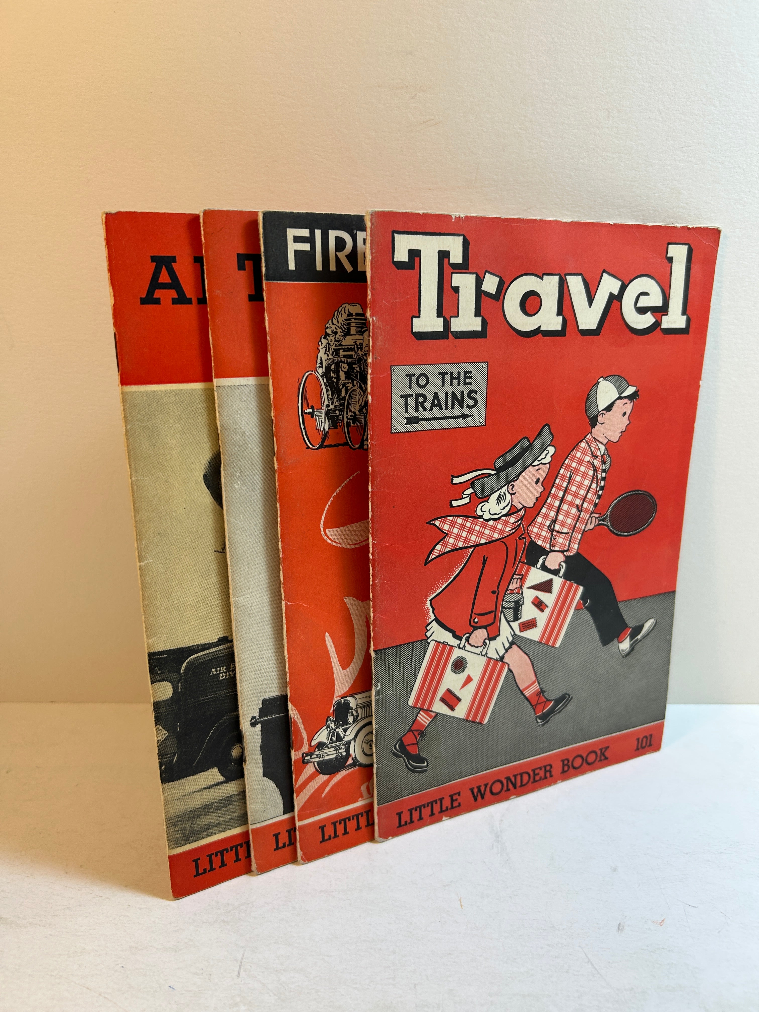 Lot of 4 Little Wonder Book Series: Firemen, Airplanes, Travel & Trains Today 1949-50 SC