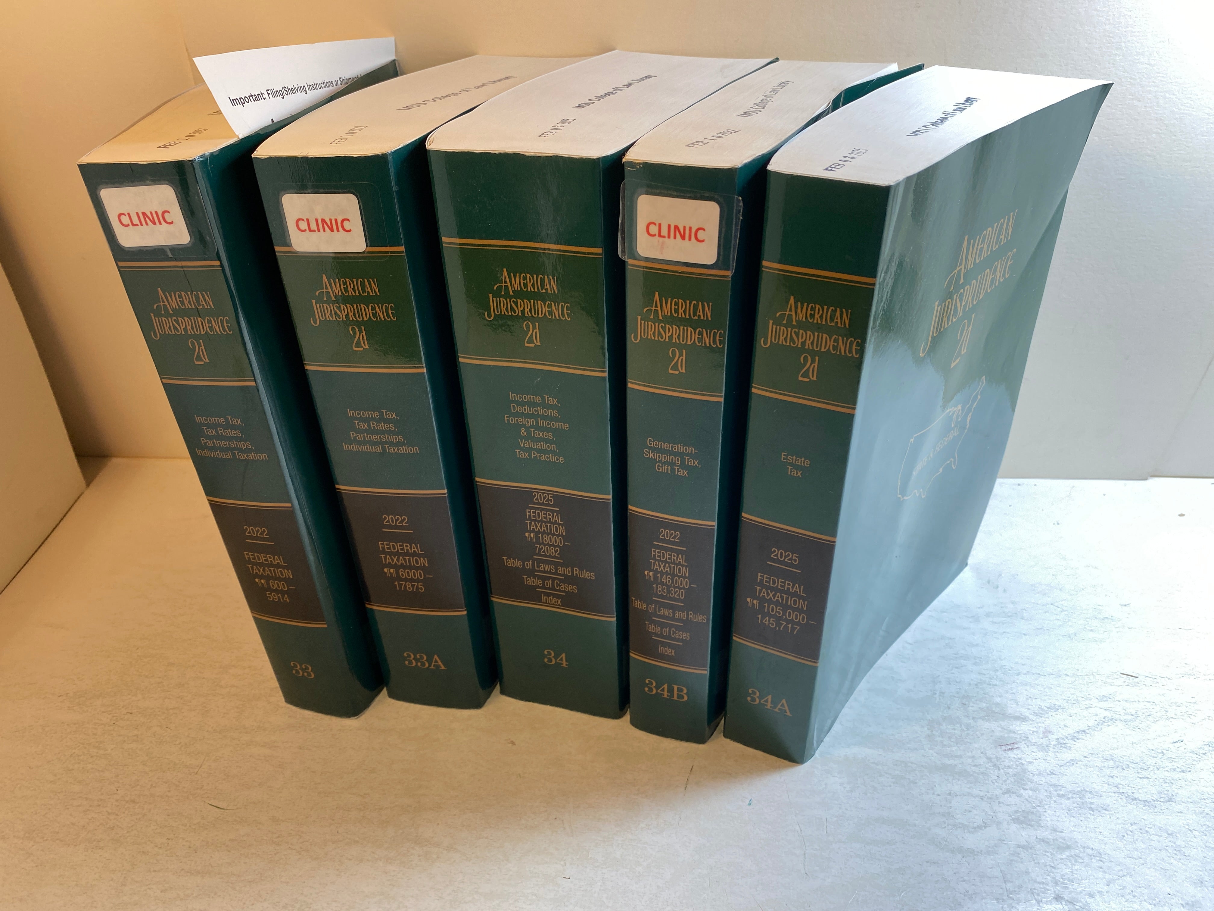 Lot of 5 American Jurisorudence Vols 33, 33A, 34, 34A 34B 2022 Ex Lib