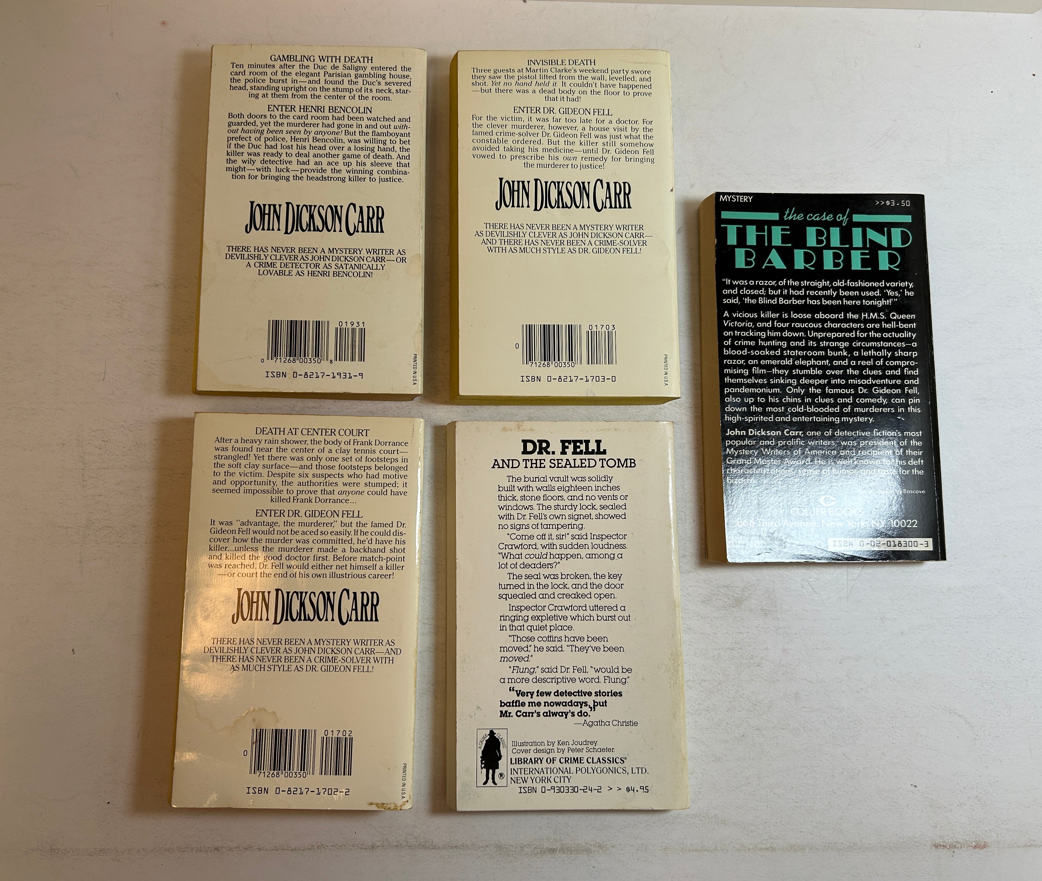 Lot of 5 John Dickson Carr paperbacks: 4 Gideon Fell/1 Henri Bencolin Mysteries