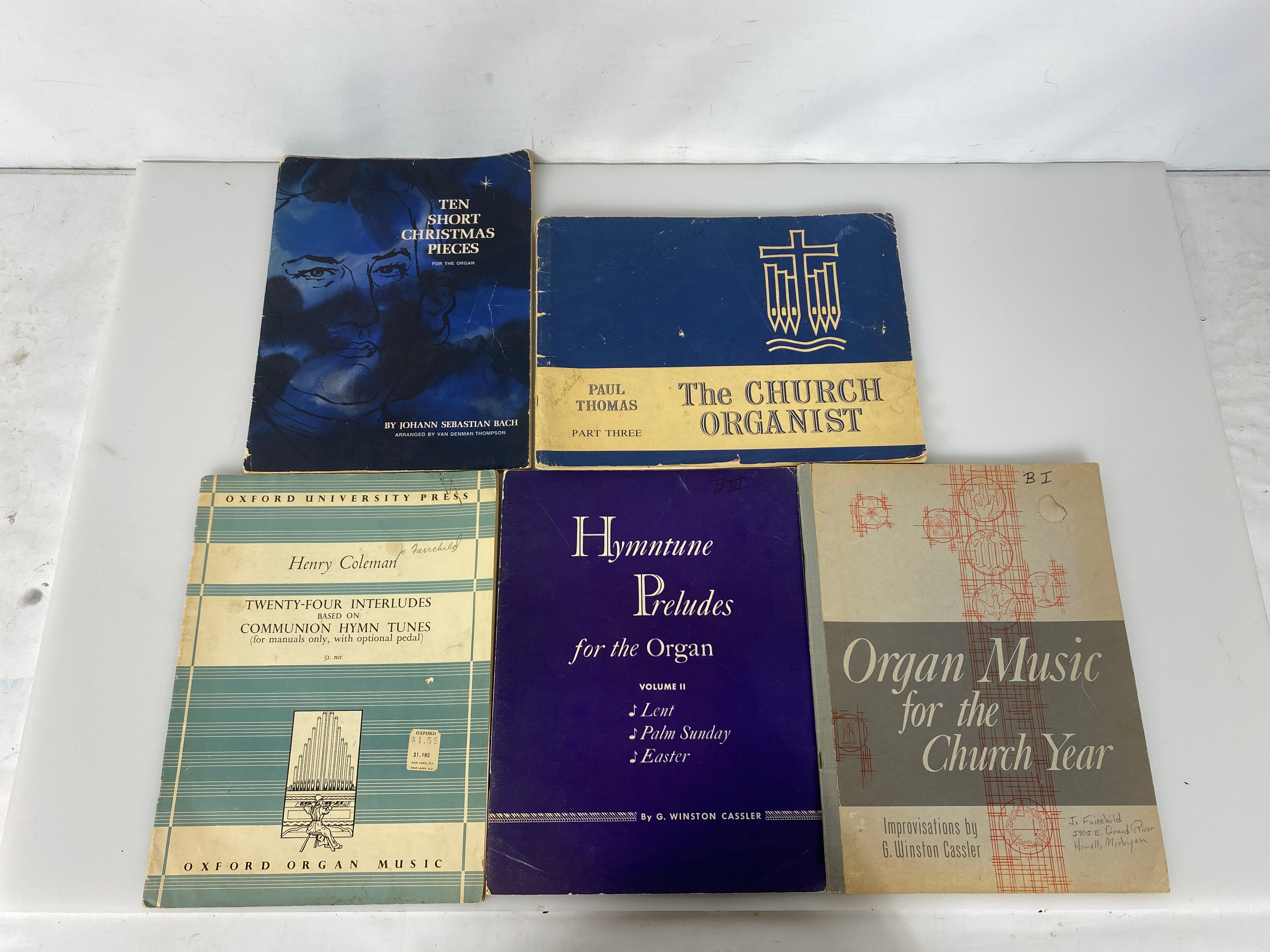 Lot of 5 Vintage Church Organ Music Books by Cassler/Thomas/Coleman/Bach SC