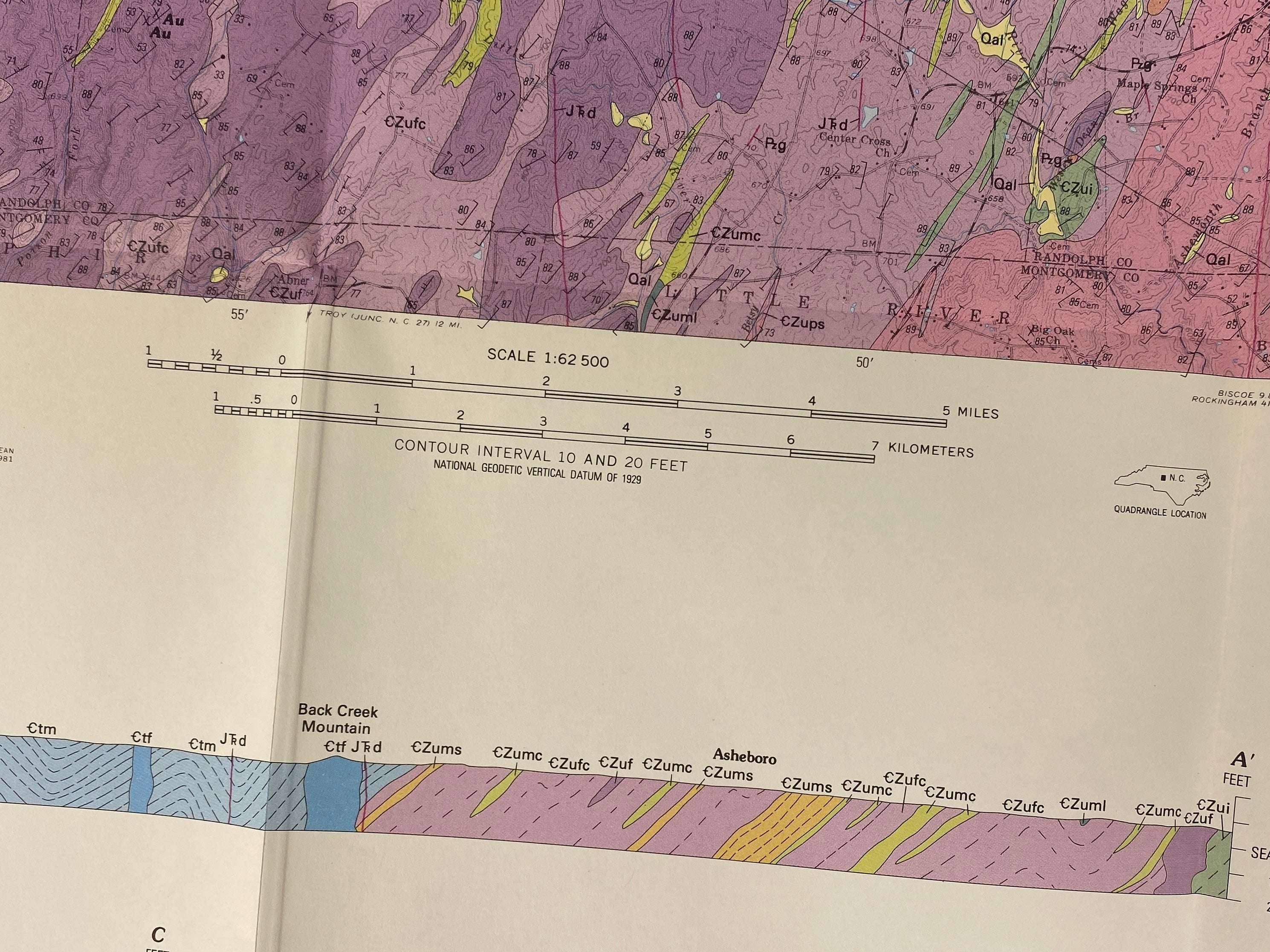 Lot of 5 Vintage North Carolina Geological Survey Wall Maps 1971-1992