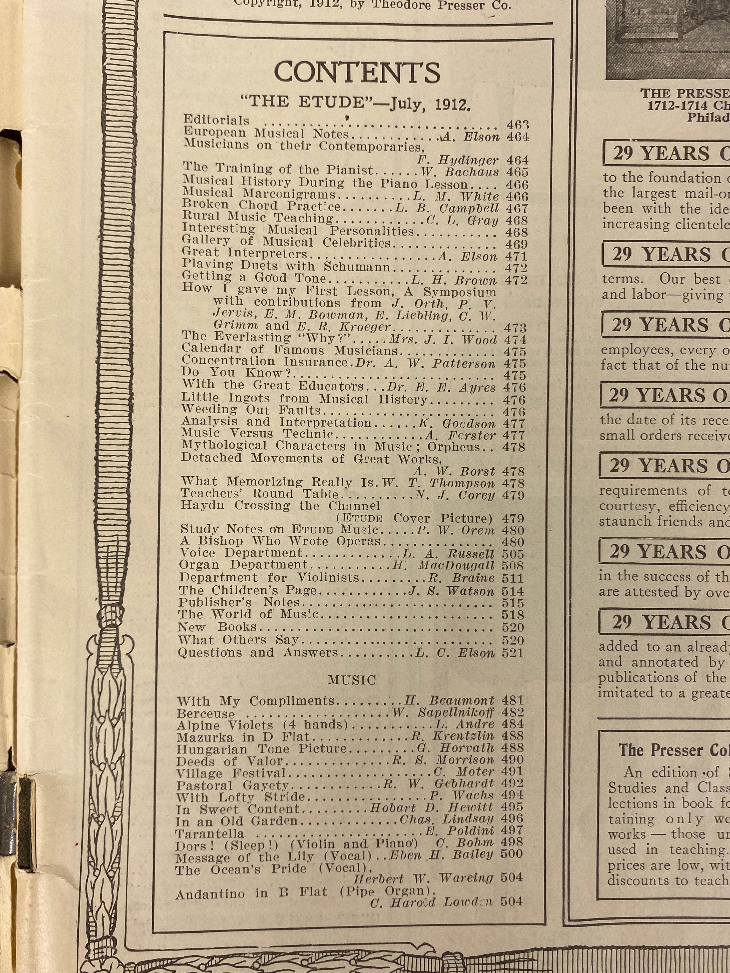 Lot of 7 Antique The Etude Magazine: February 1912-February 1919 SC
