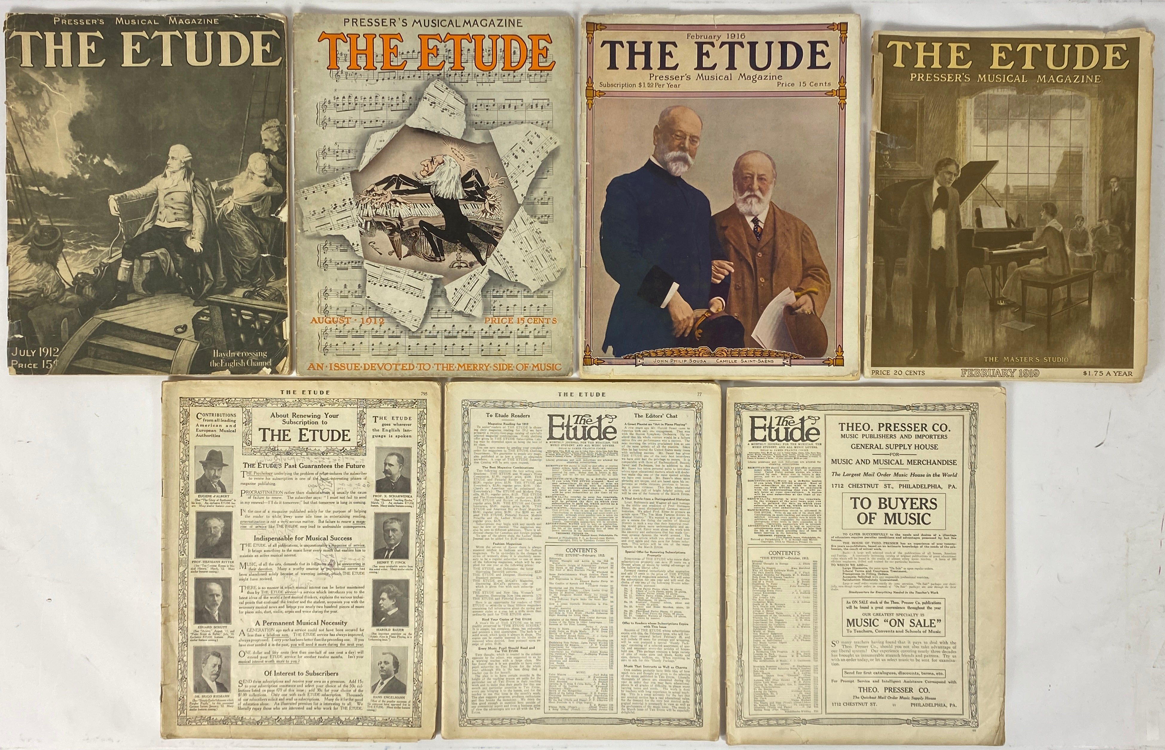 Lot of 7 Antique The Etude Magazine: February 1912-February 1919 SC