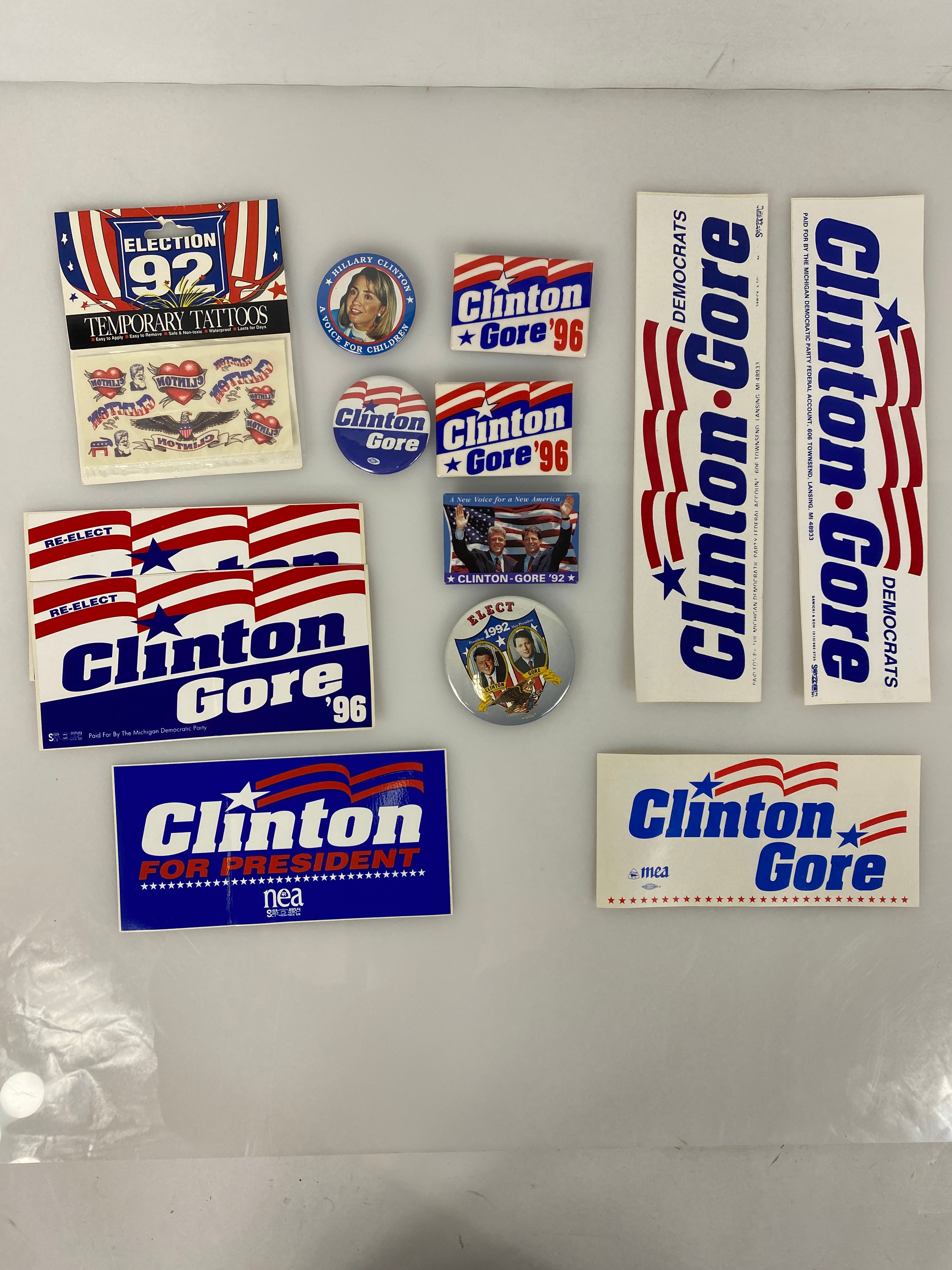 Lot of Clinton Gore Campaign Ephemera, Buttons. Stickers & Tattoos
