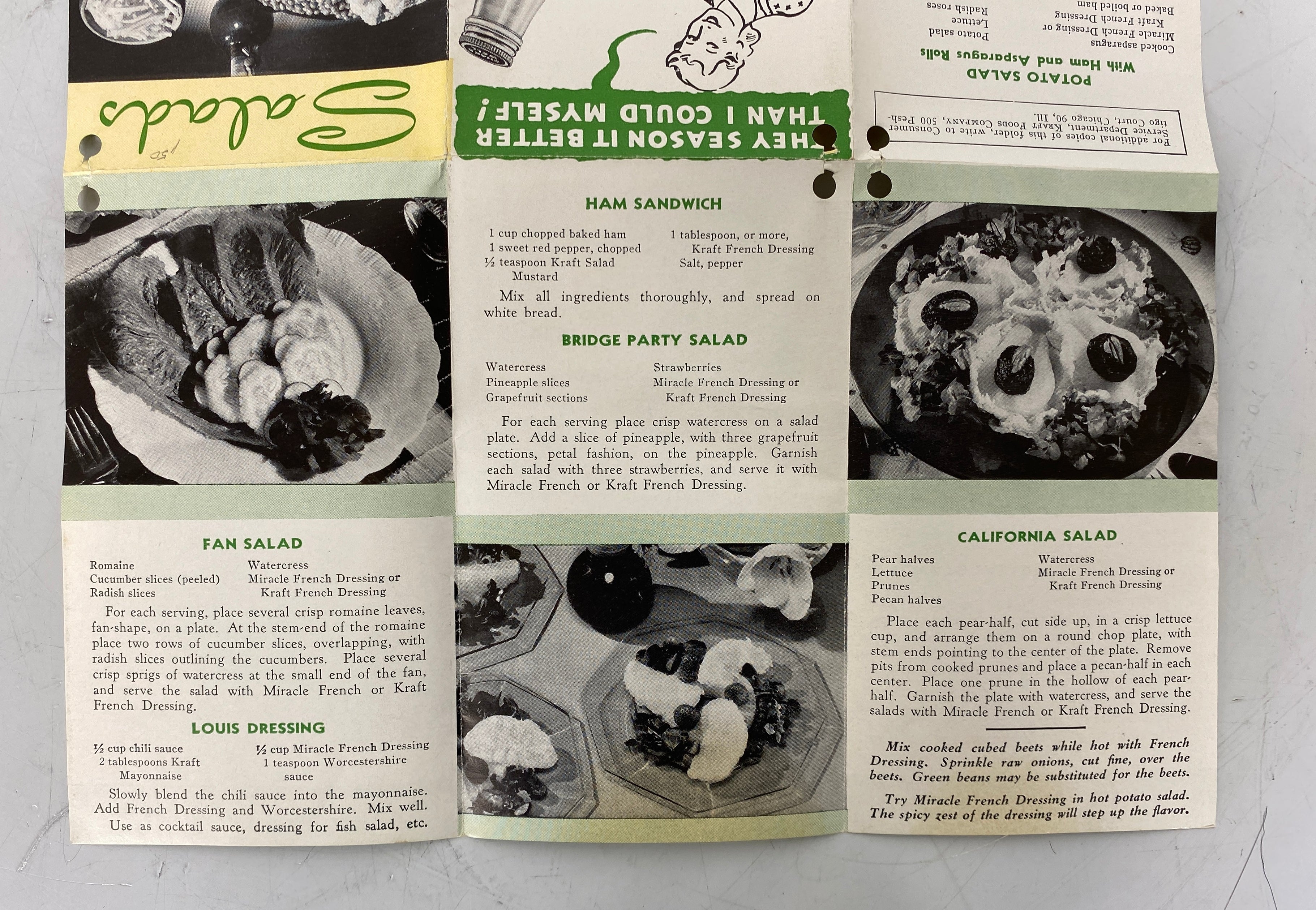 Lot of Vtg Salad Recipes incl Hollywood Salad Bowl/Paramount Dressing/Yacht Club