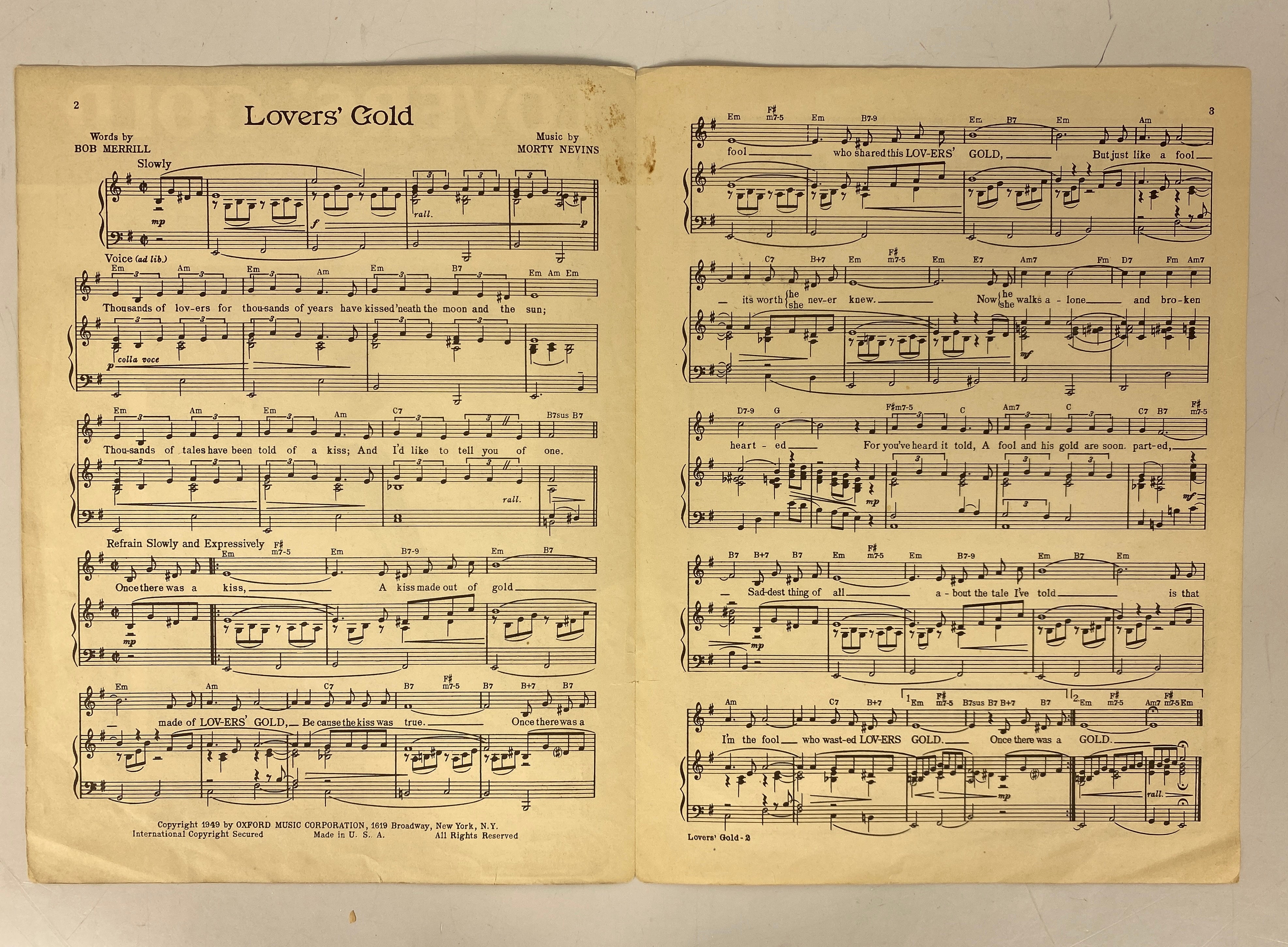 Lover's Gold Sheet Music Signed by Dinah Shore Merrill & Nevins 1949