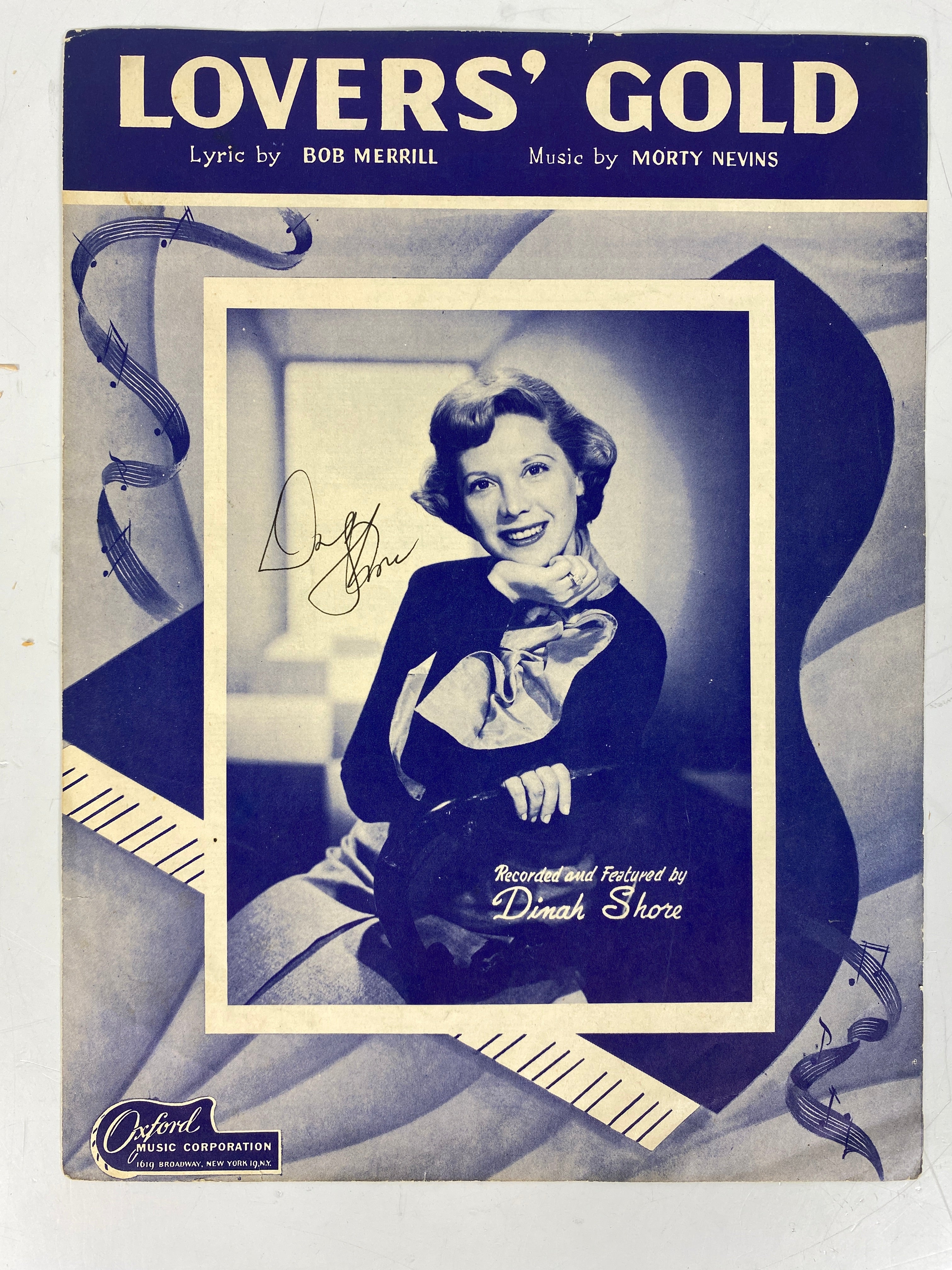 Lover's Gold Sheet Music Signed by Dinah Shore Merrill & Nevins 1949