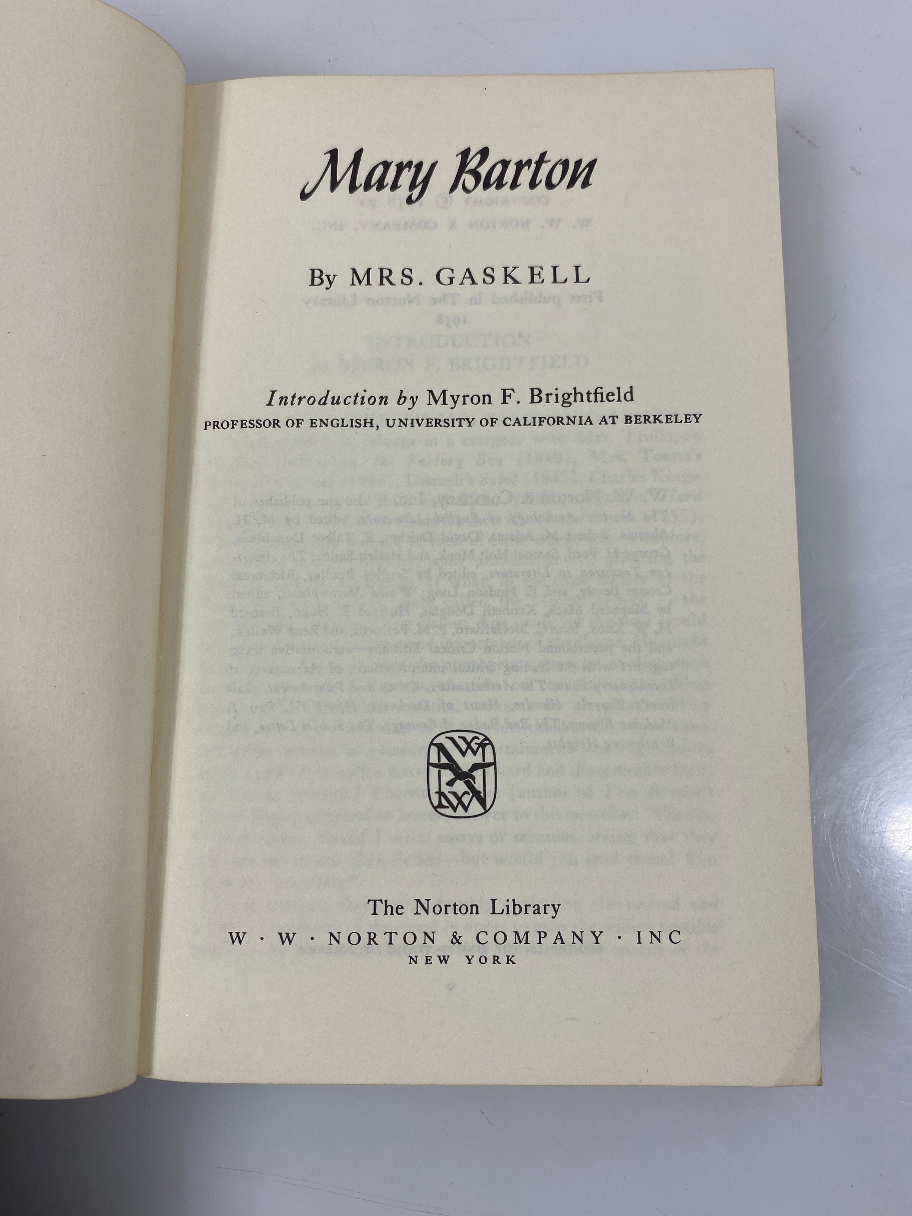 Mary Barton by Mrs Gaskell Norton Library 1958 SC
