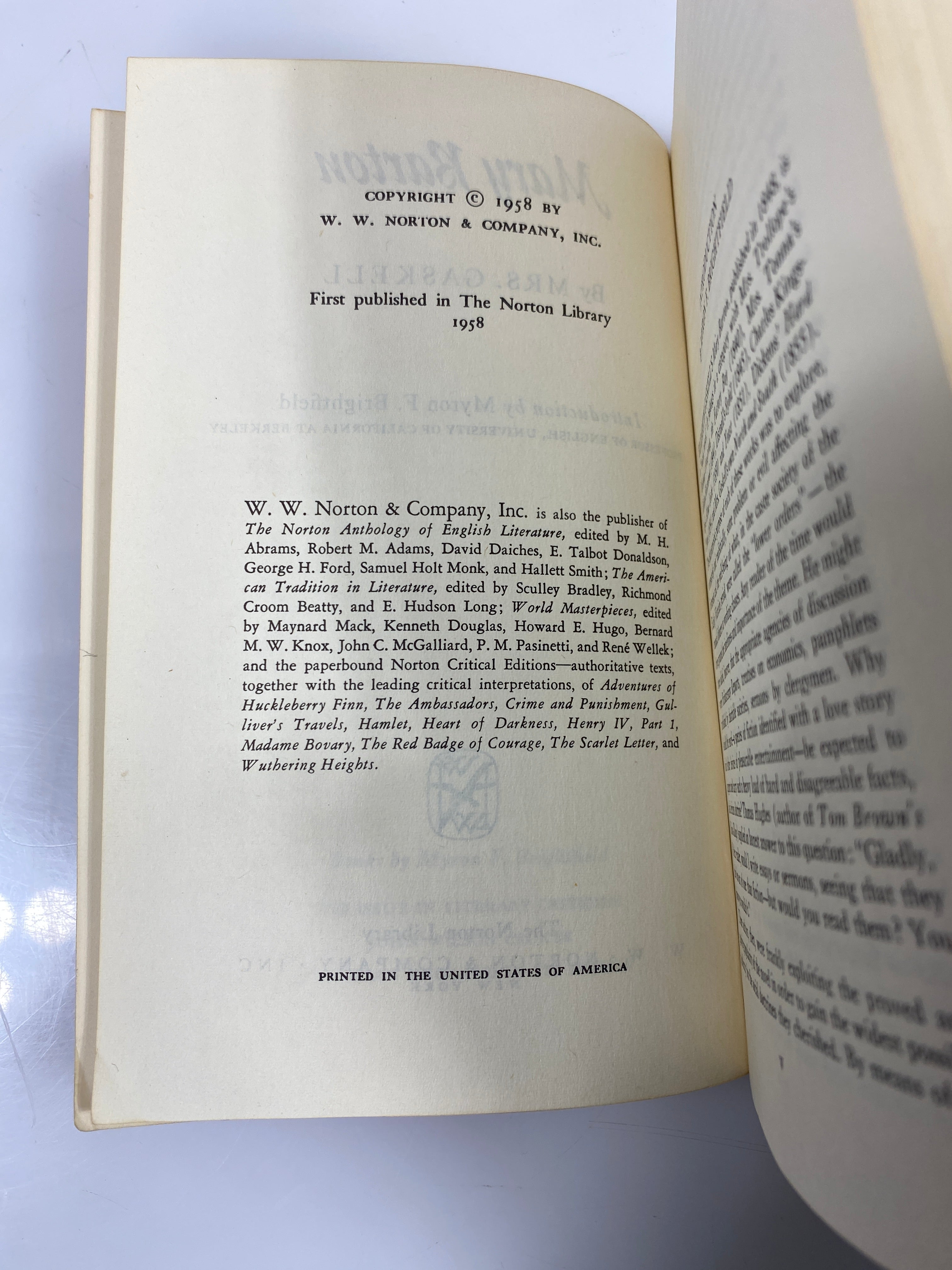 Mary Barton by Mrs Gaskell Norton Library 1958 SC