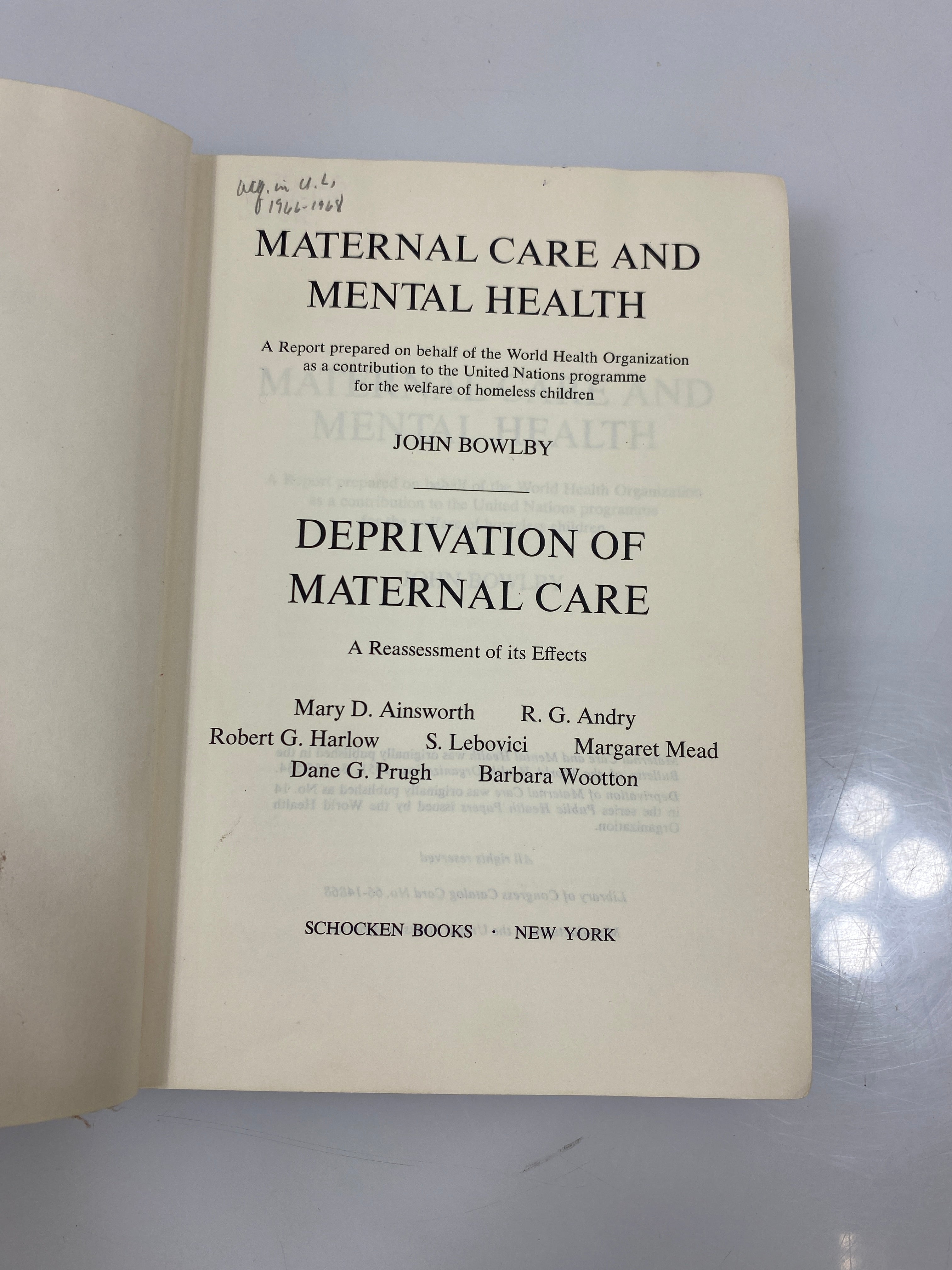 Maternal Care and Mental Health by Bowlby Shocken Books Ex-libra 1951 HC