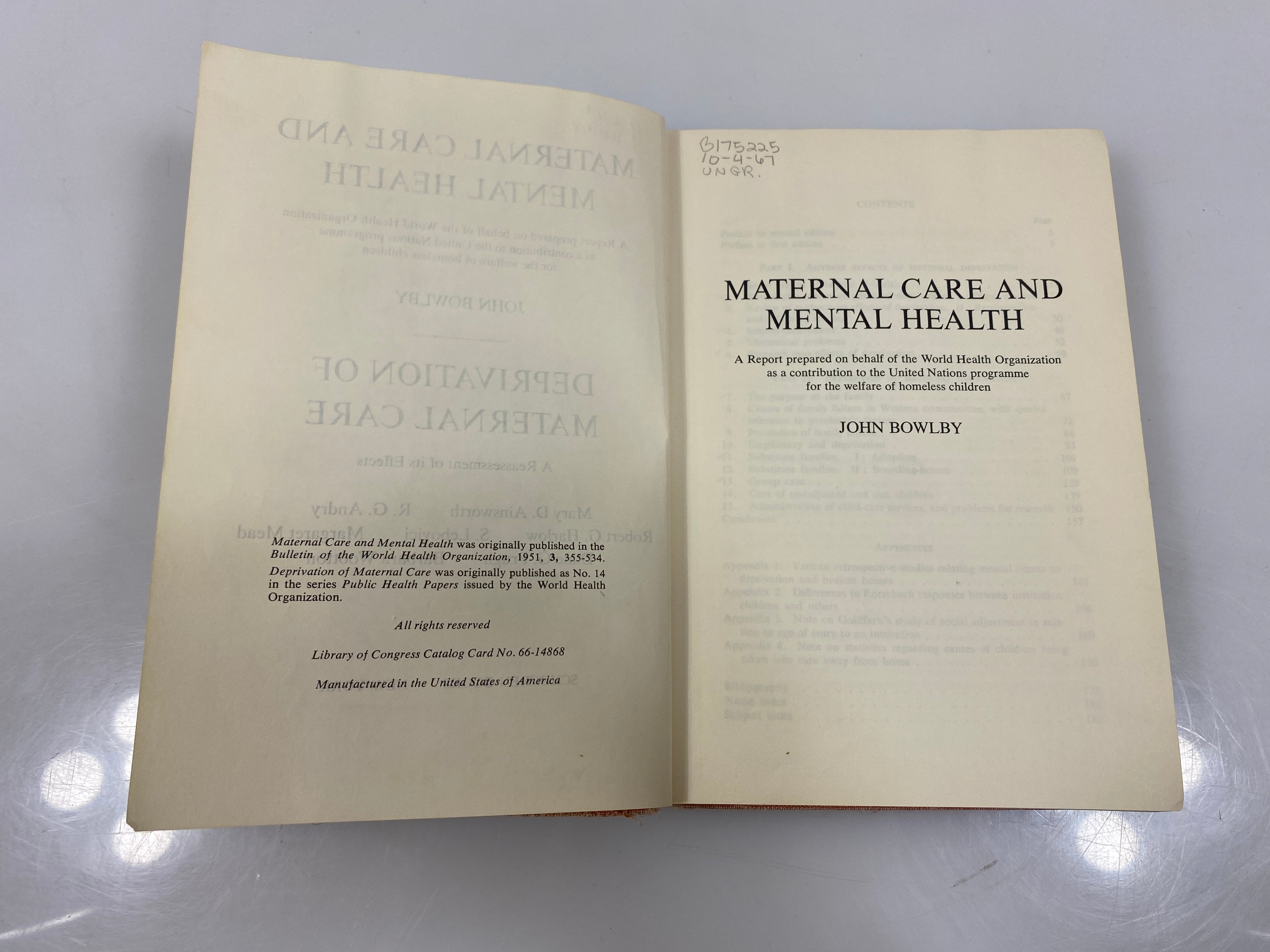 Maternal Care and Mental Health by Bowlby Shocken Books Ex-libra 1951 HC