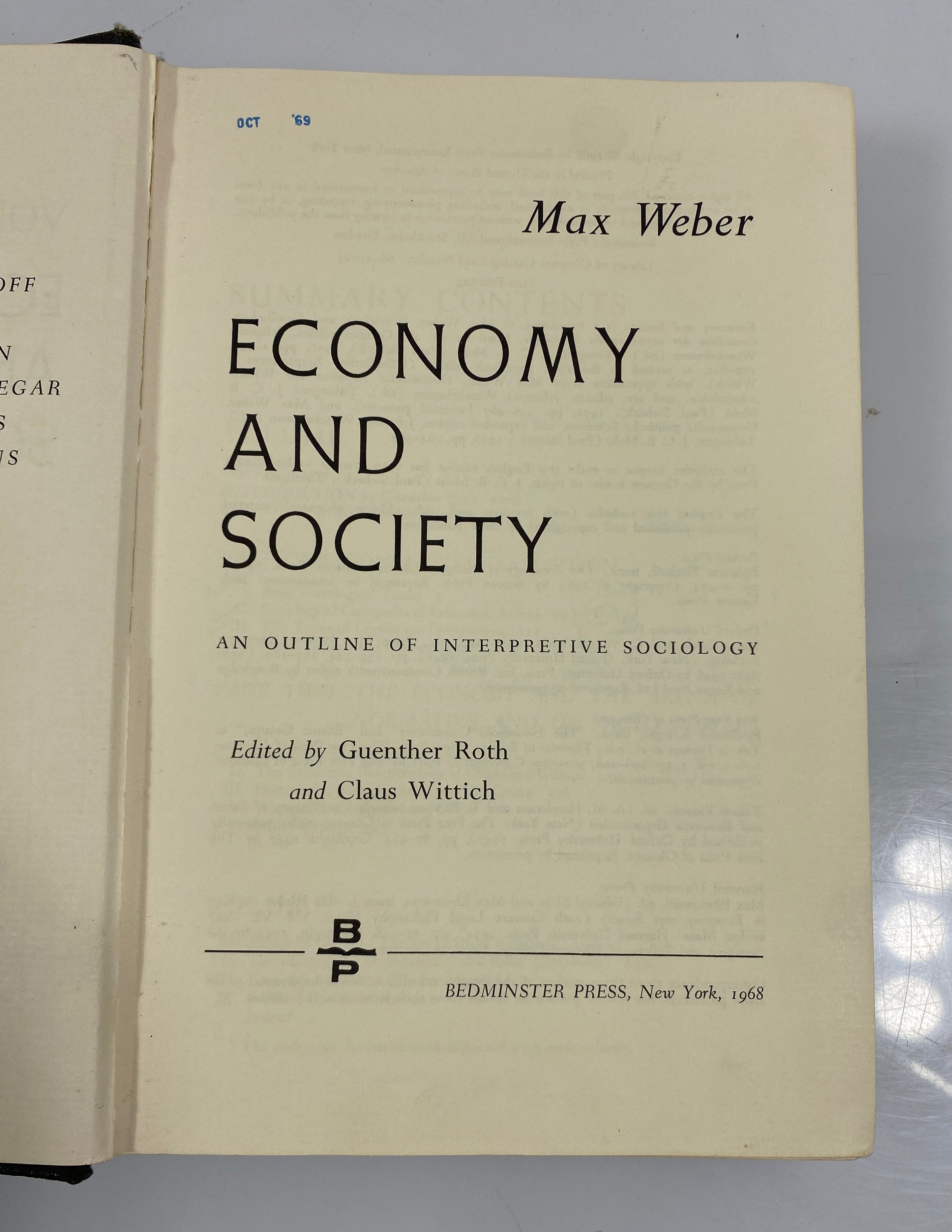 Max Weber Economy and Society Roth/Wittich Bedminster Press 1968 Ex-Library HC