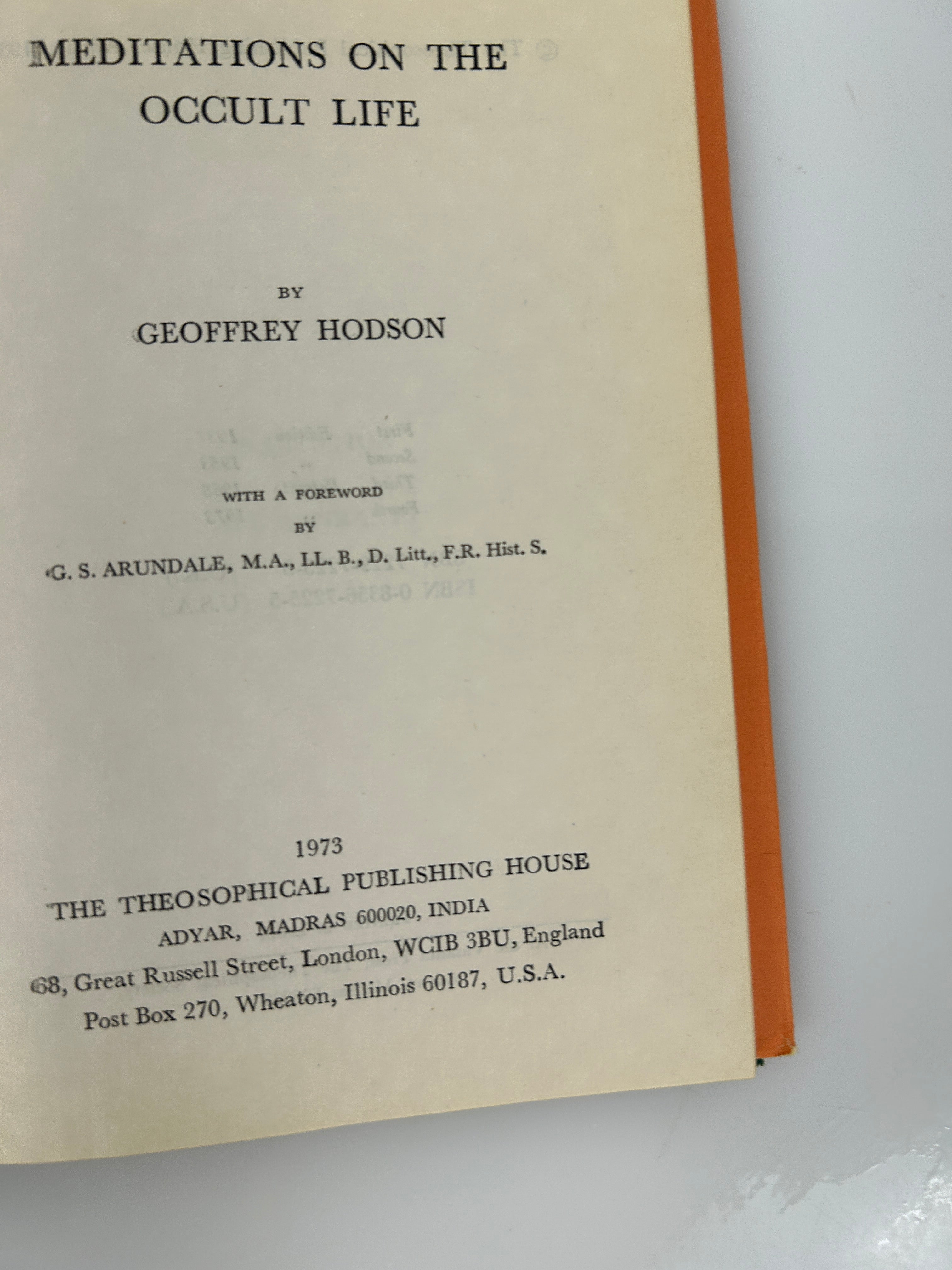 Meditations on the Occult Life, by Geoffrey Hodson 5th Edition 1973 HCDJ