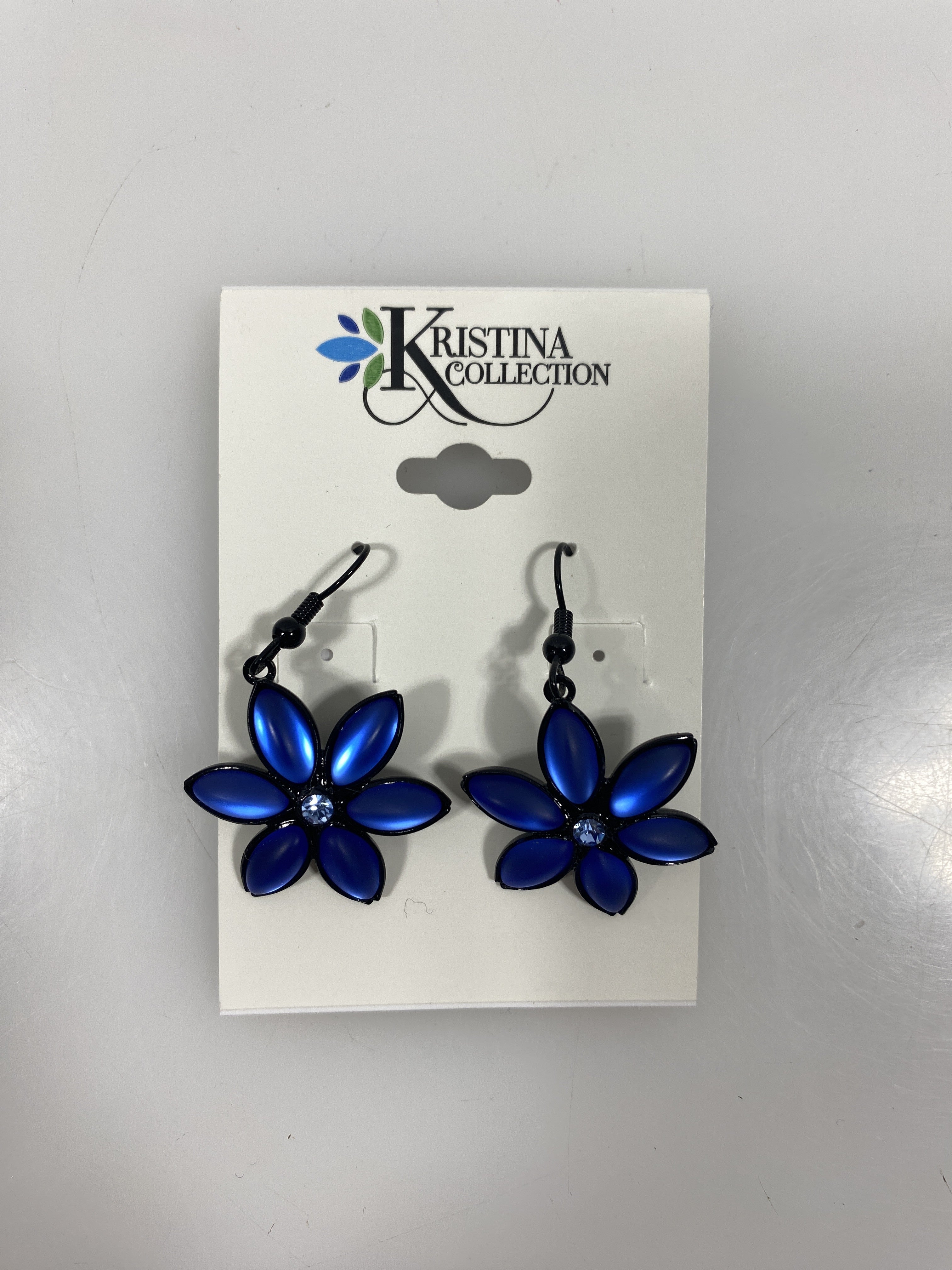 Metallic Blue Flower Dangle Earrings