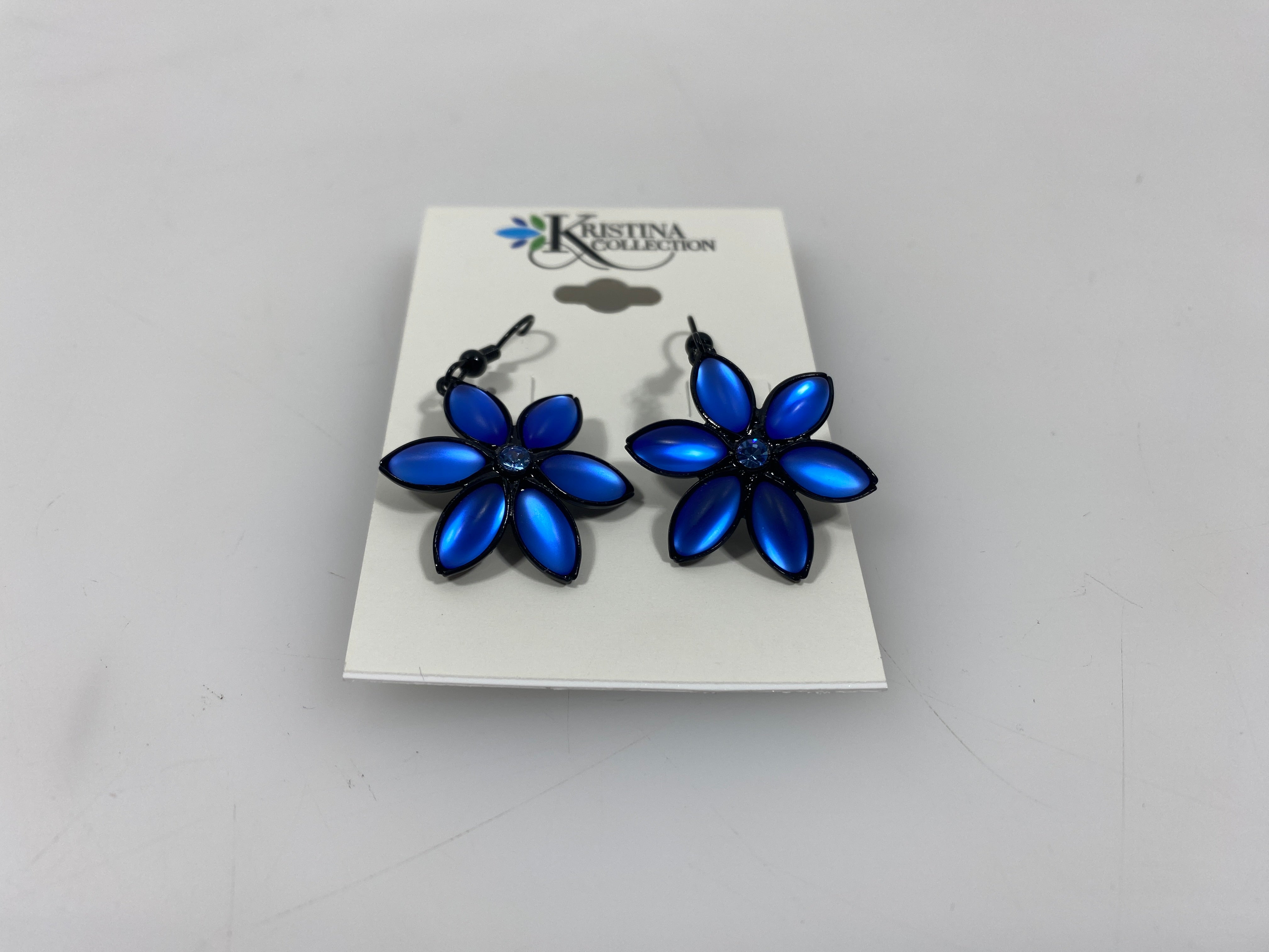 Metallic Blue Flower Dangle Earrings