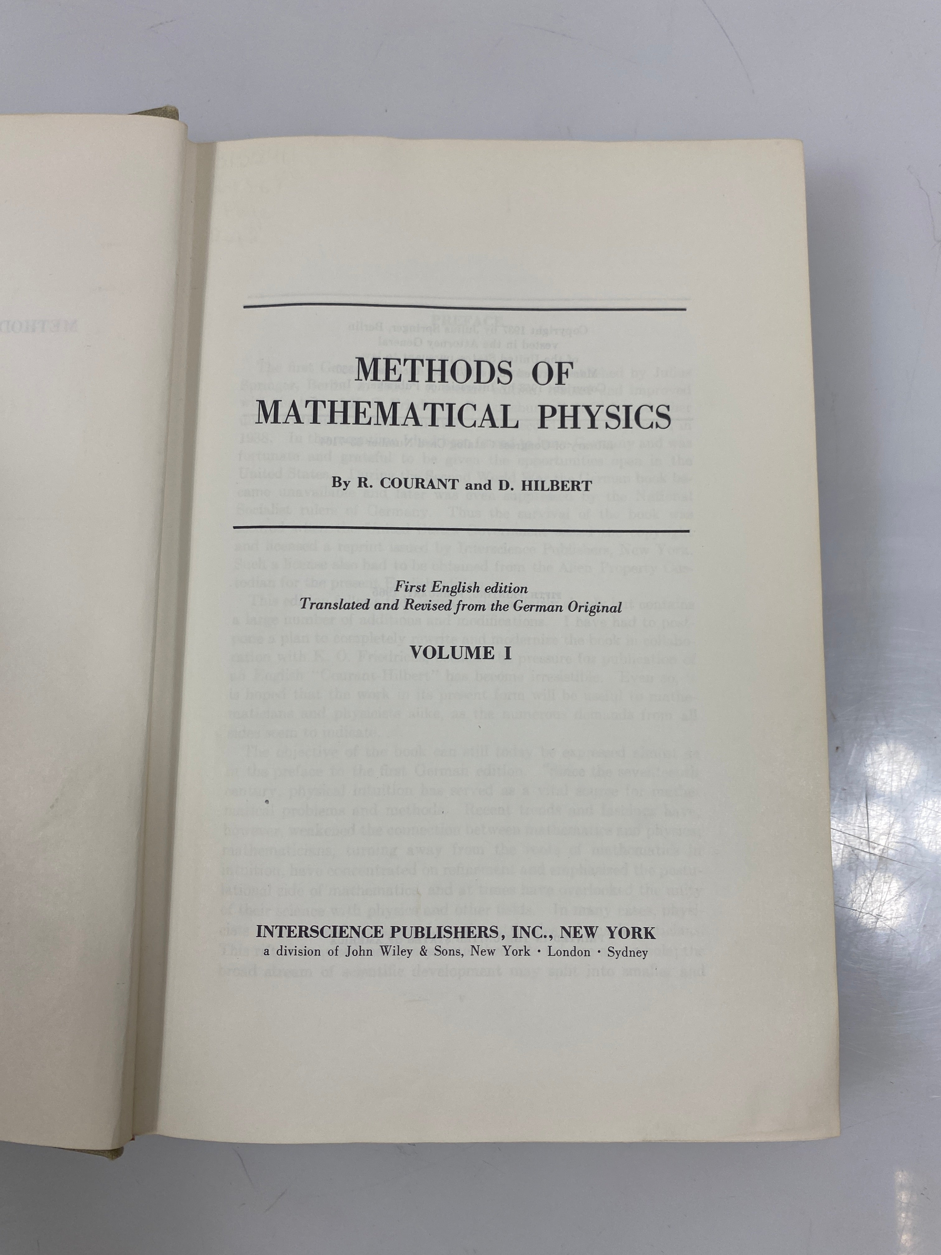 Methods of Mathematical Physics Vol I by Curant/Hilbert Ex-library 1965 HC
