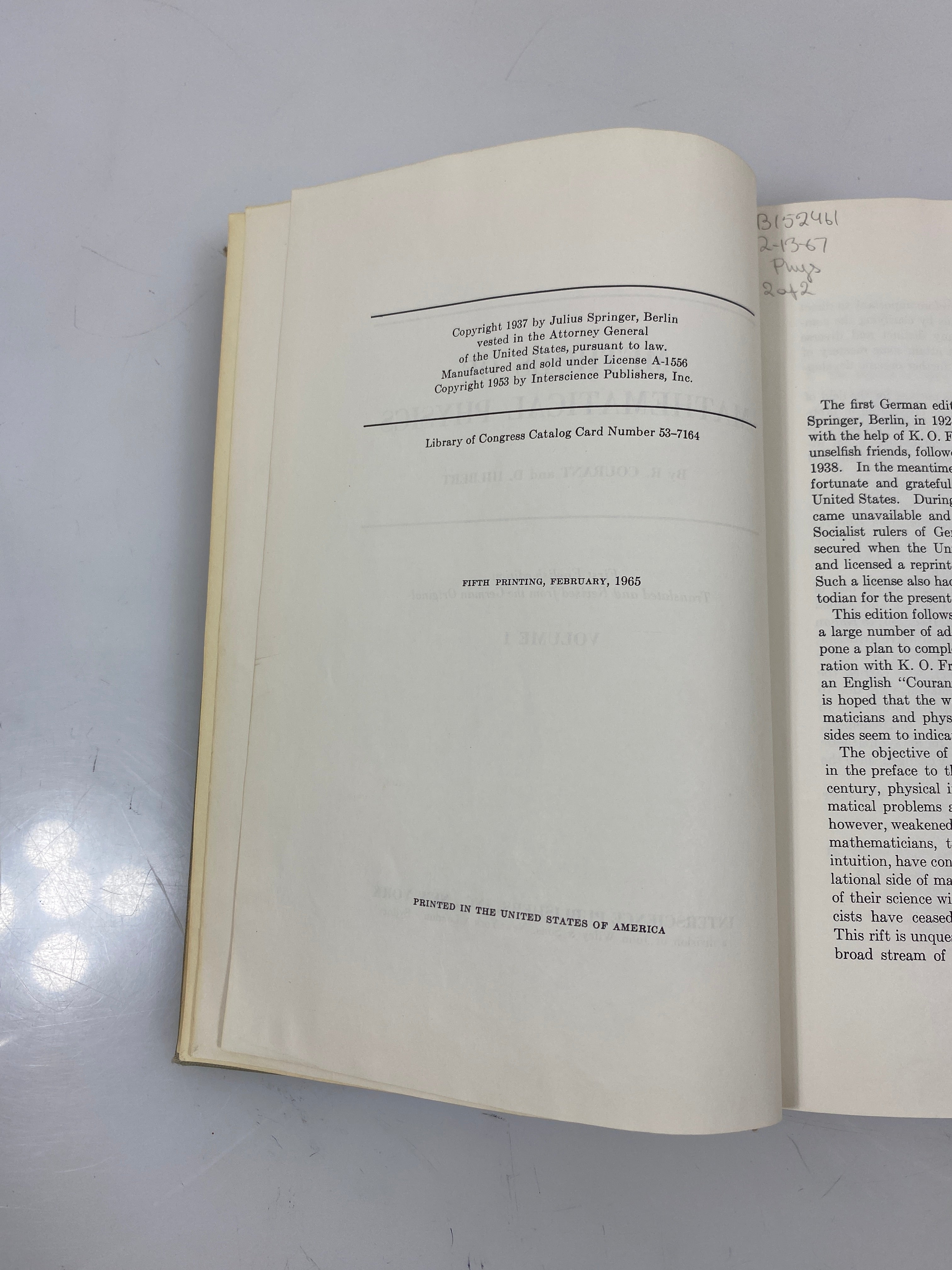 Methods of Mathematical Physics Vol I by Curant/Hilbert Ex-library 1965 HC
