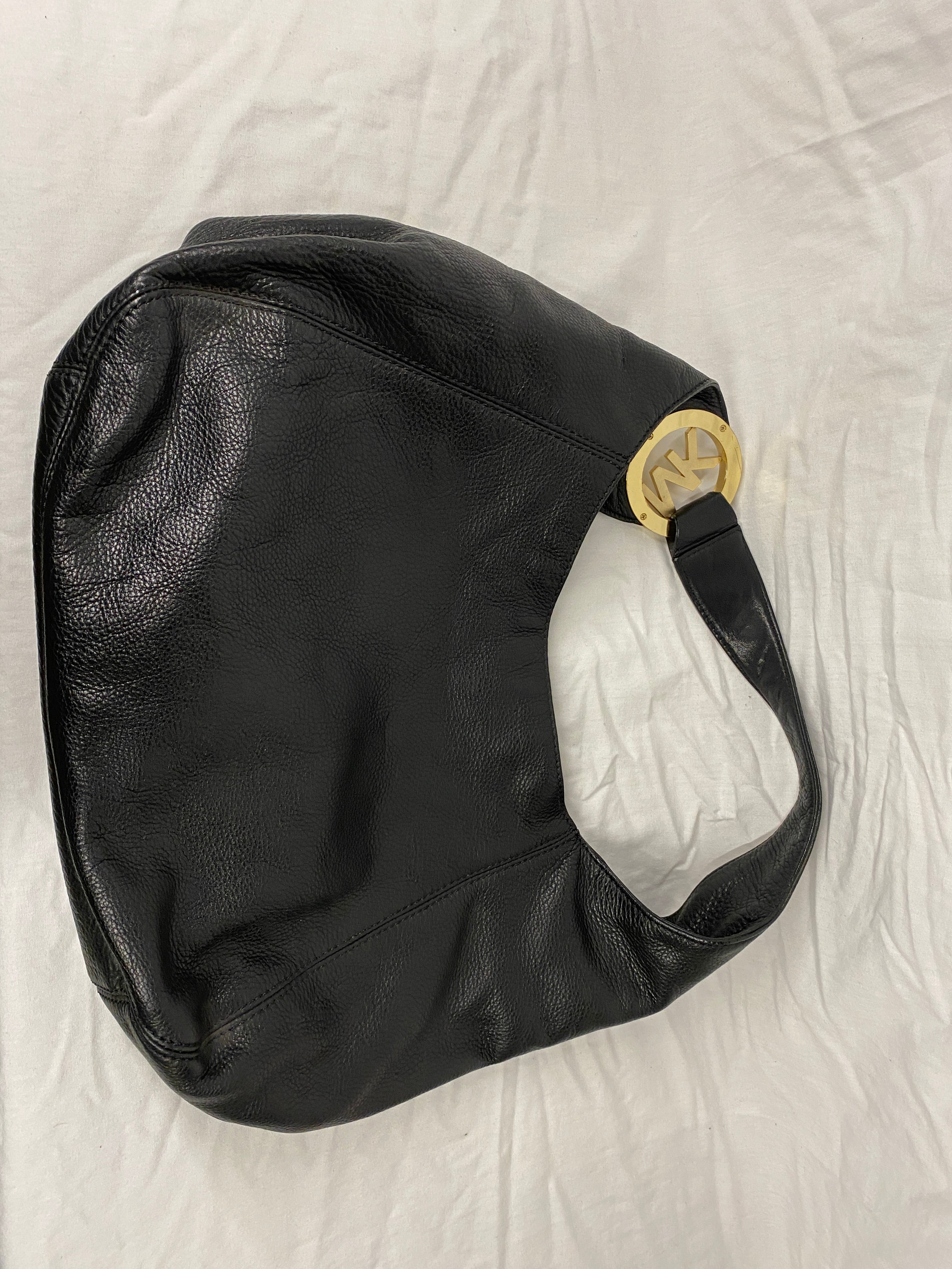 Michael Kors Black Pebbled Leather and Gold Large Sholder Bag