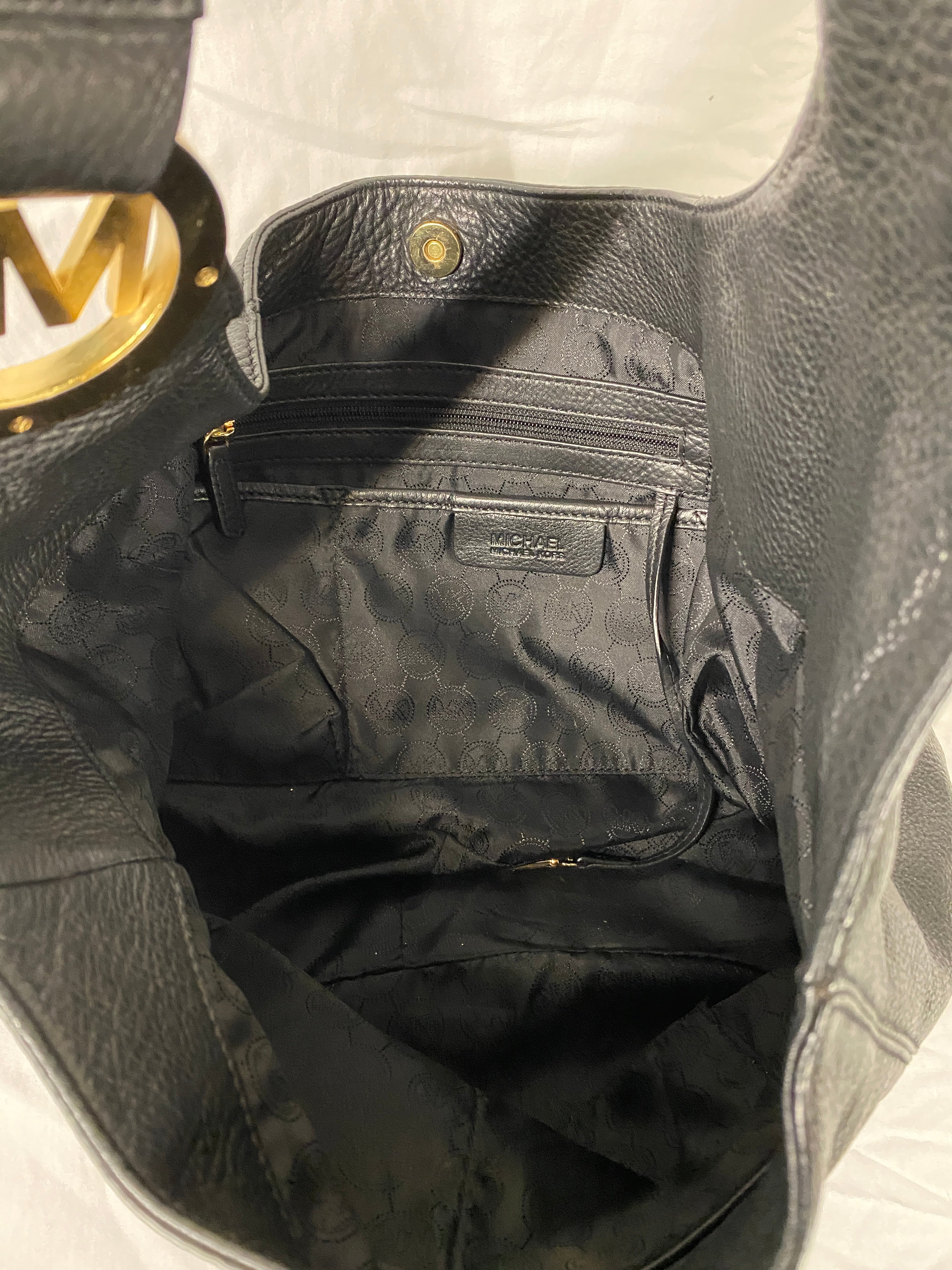 Michael Kors Black Pebbled Leather and Gold Large Sholder Bag