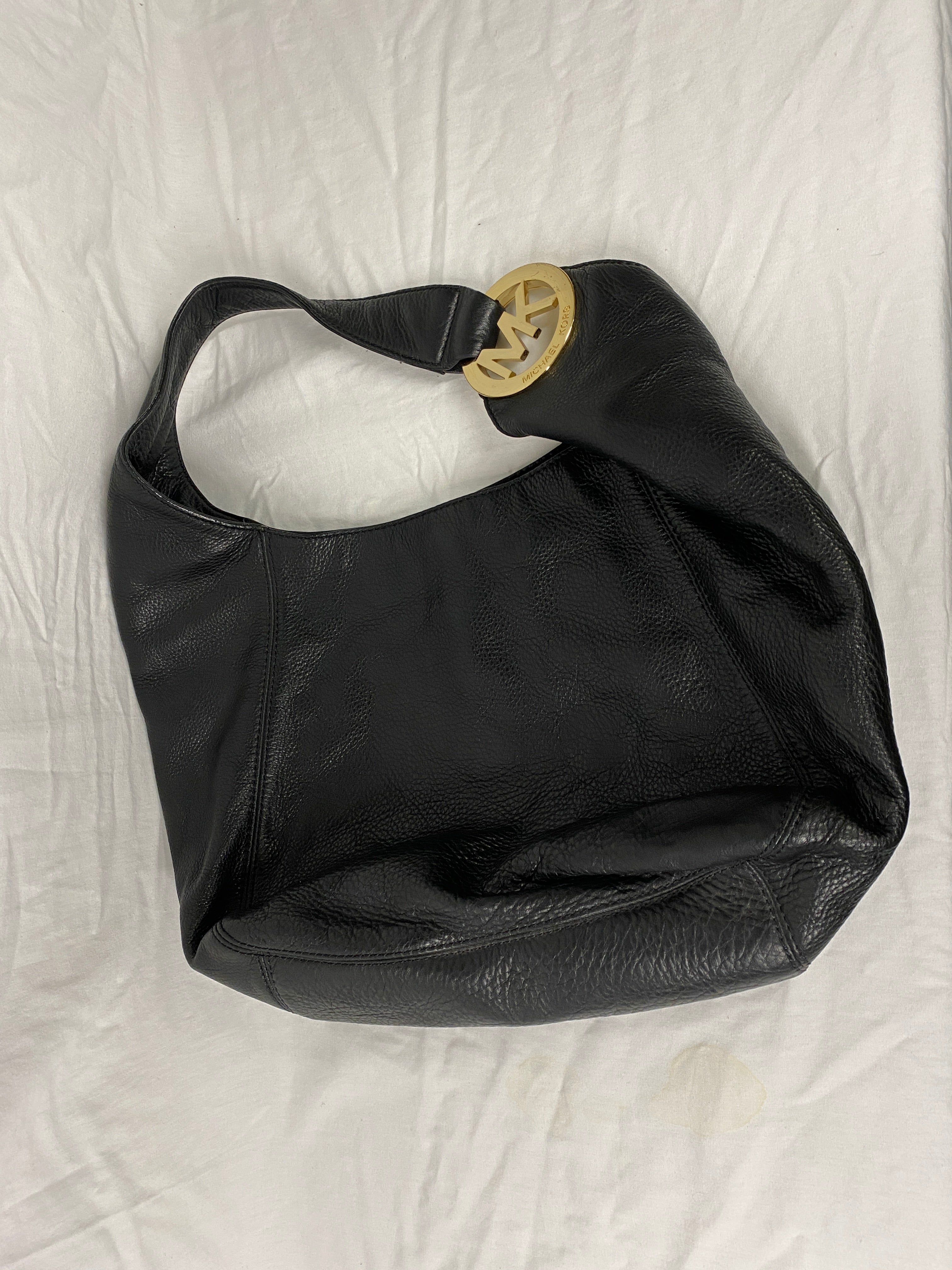 Michael Kors Black Pebbled Leather and Gold Large Sholder Bag