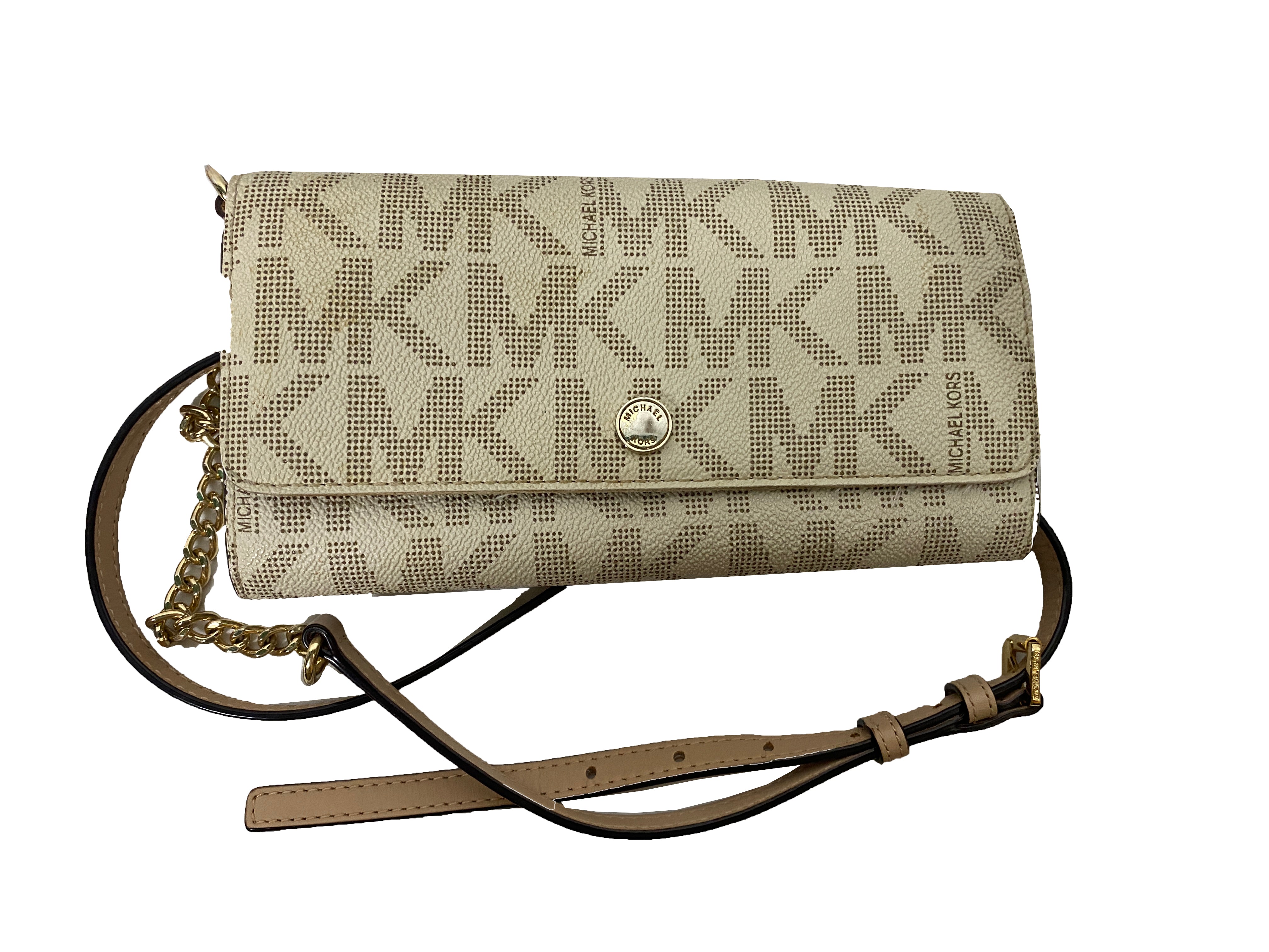 Michael Kors Jet Set Large Wallet on a Chain Signature Crossbody Vanilla and Natural Color