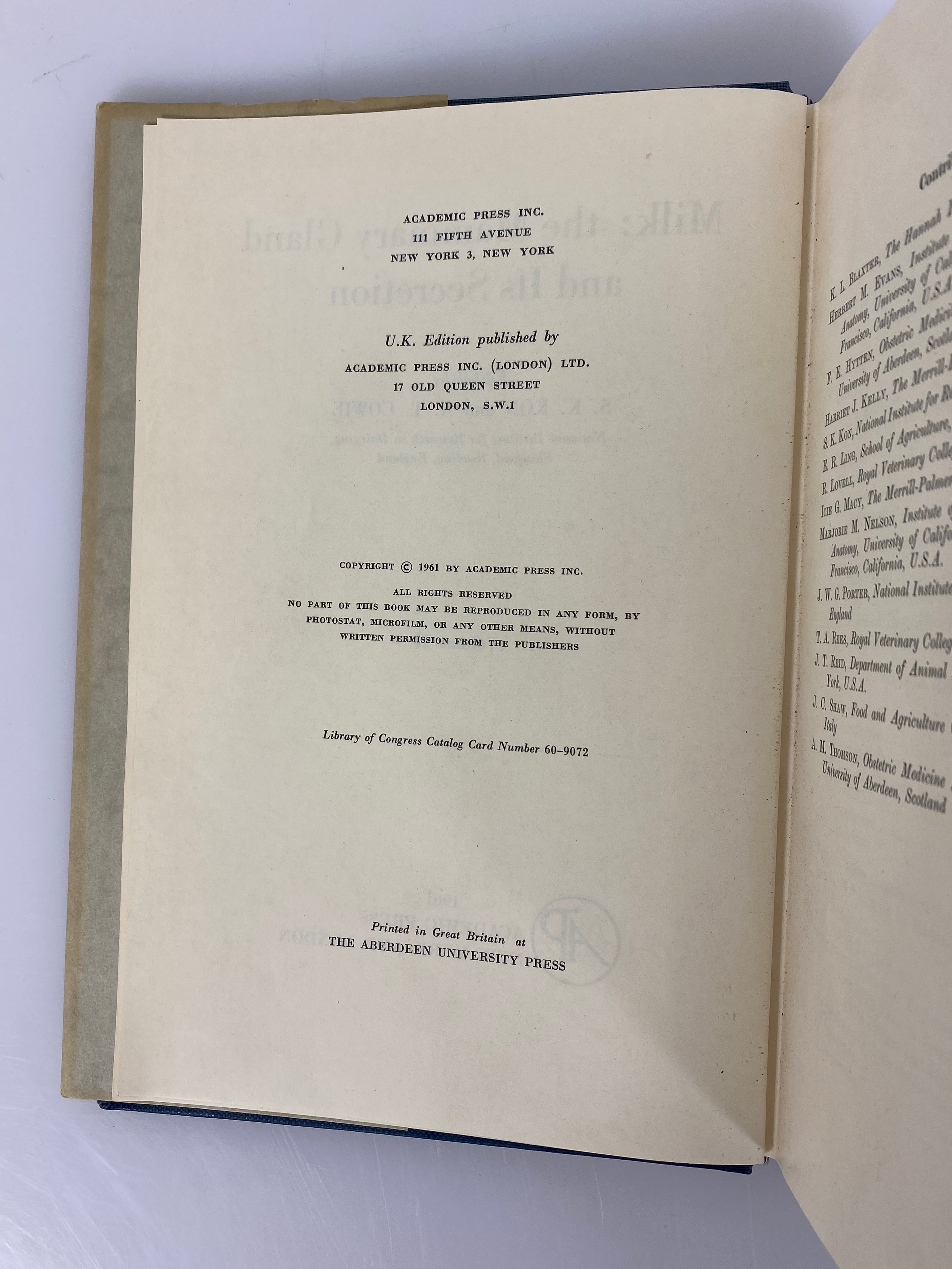 Milk: The Mammary Gland & Its Secretion Volume II Kon/Cowie 1961 HCDJ