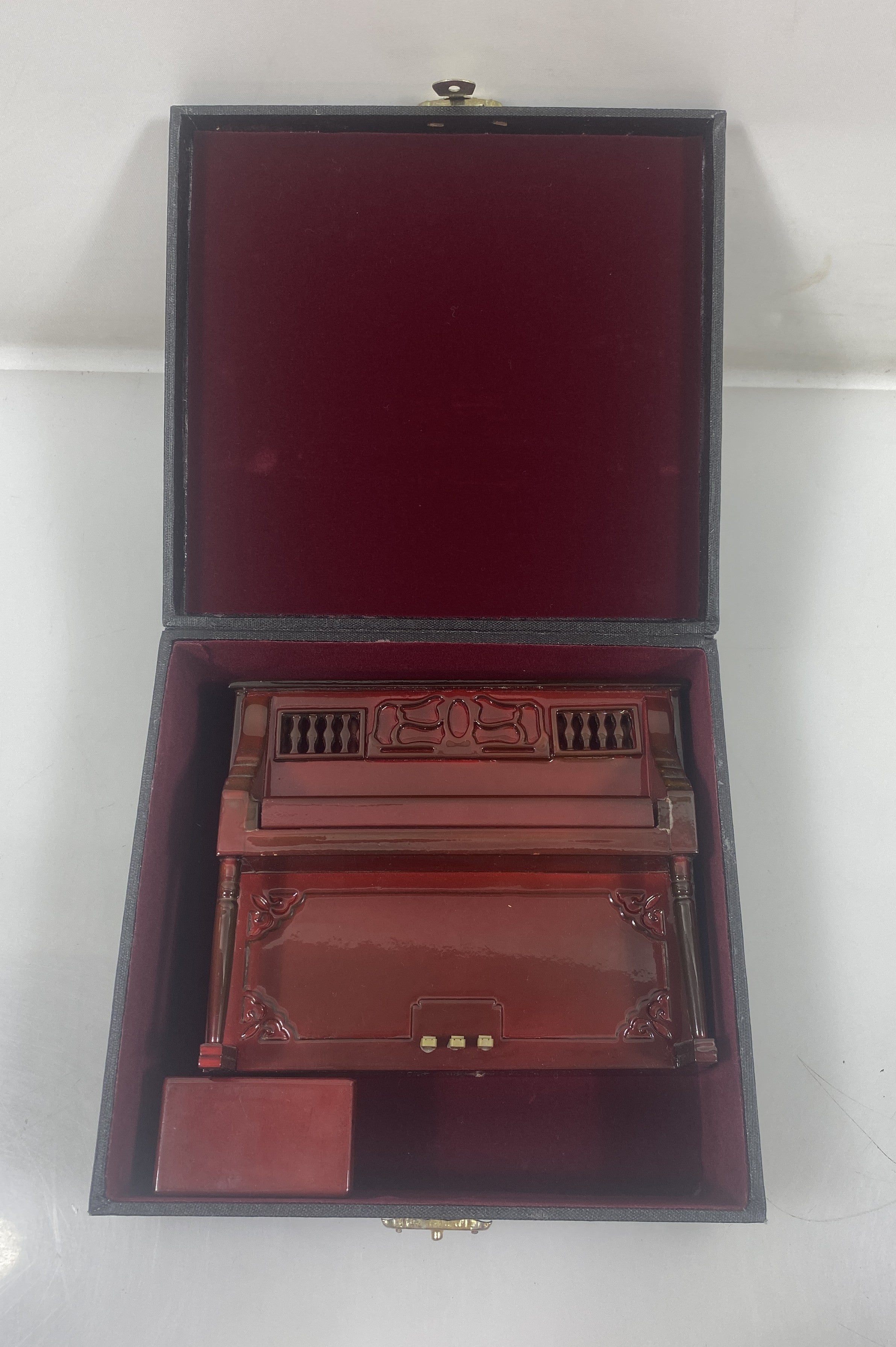Miniature Brownish Red Upright Piano With Case
