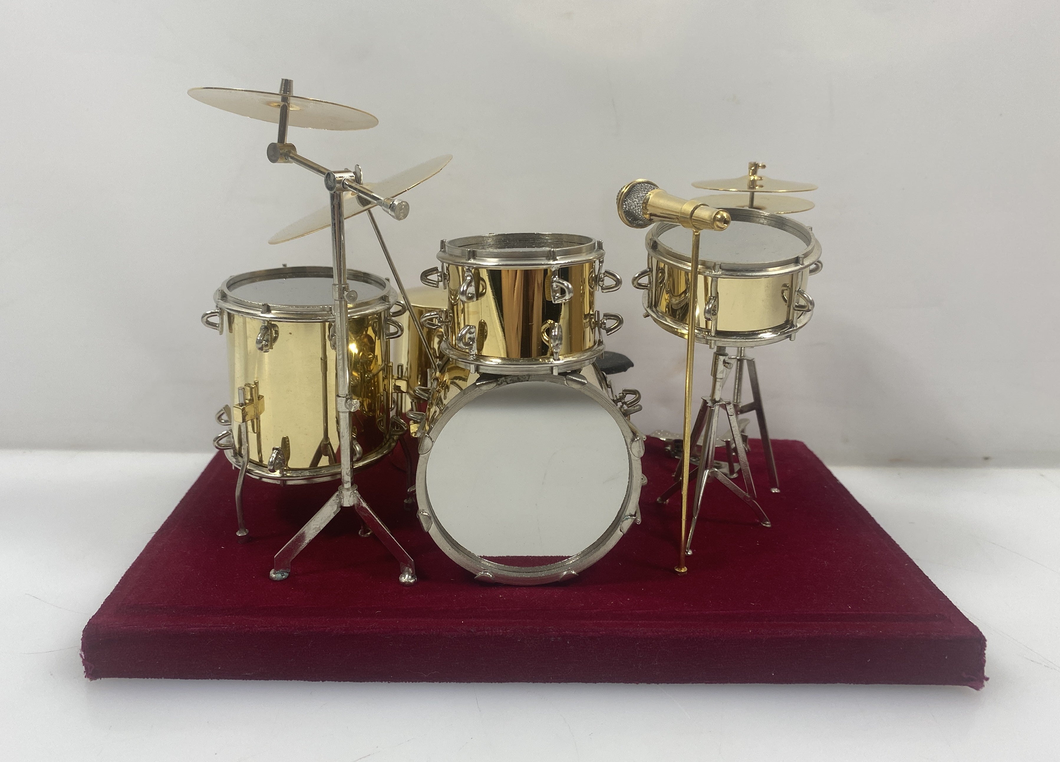 Miniature Gold Brass Drum Set Replica With Display Cover