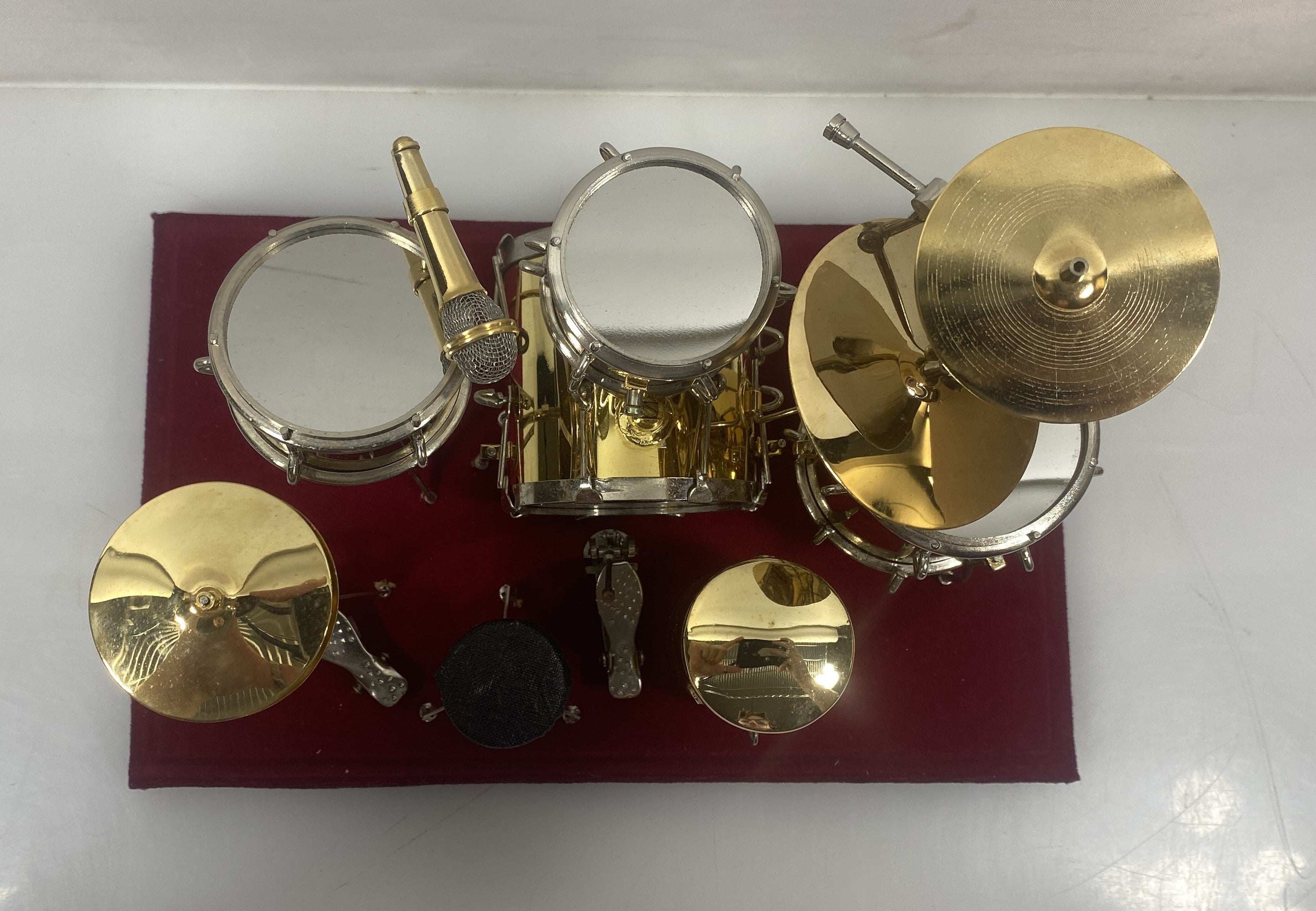 Miniature Gold Brass Drum Set Replica With Display Cover