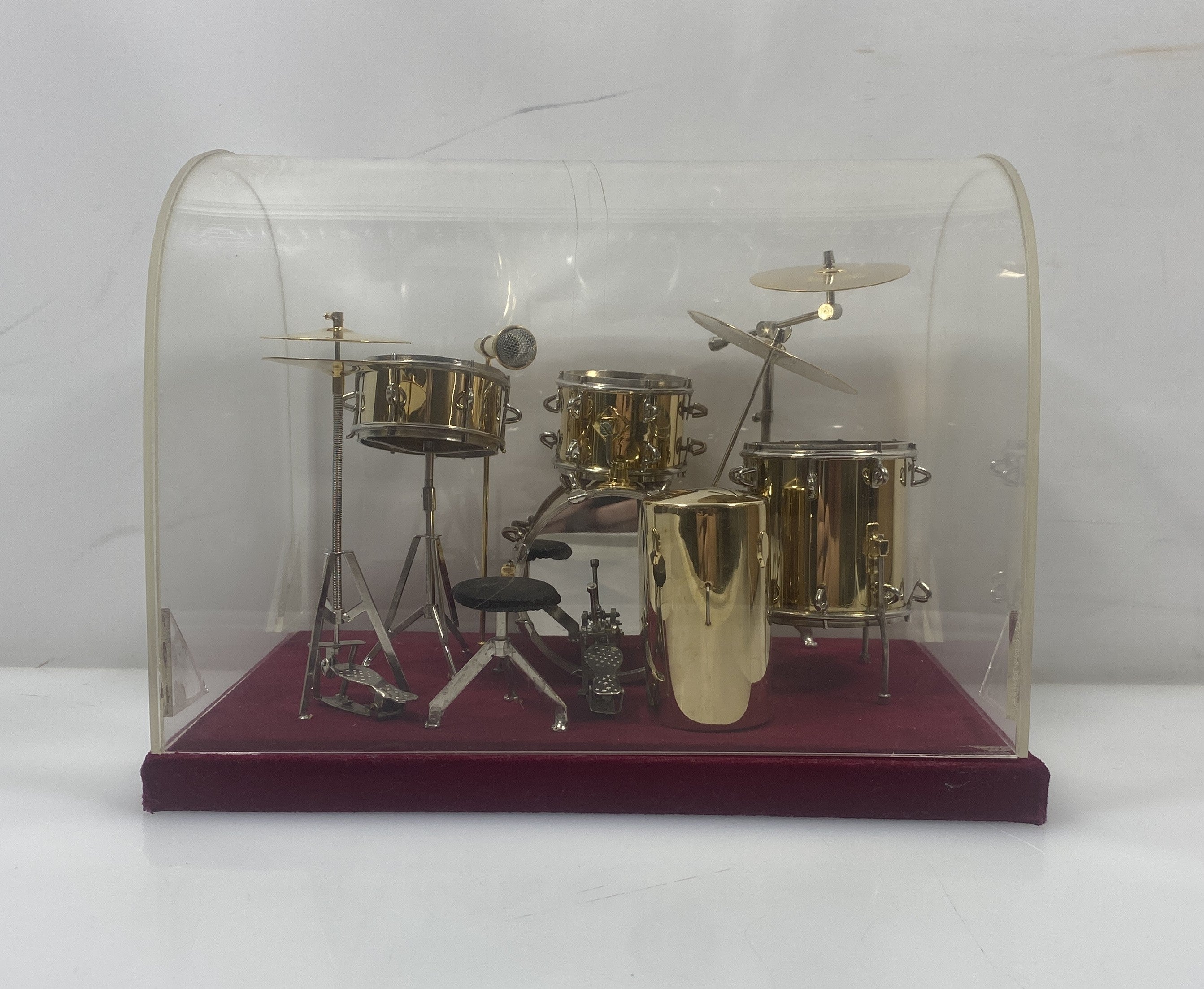 Miniature Gold Brass Drum Set Replica With Display Cover