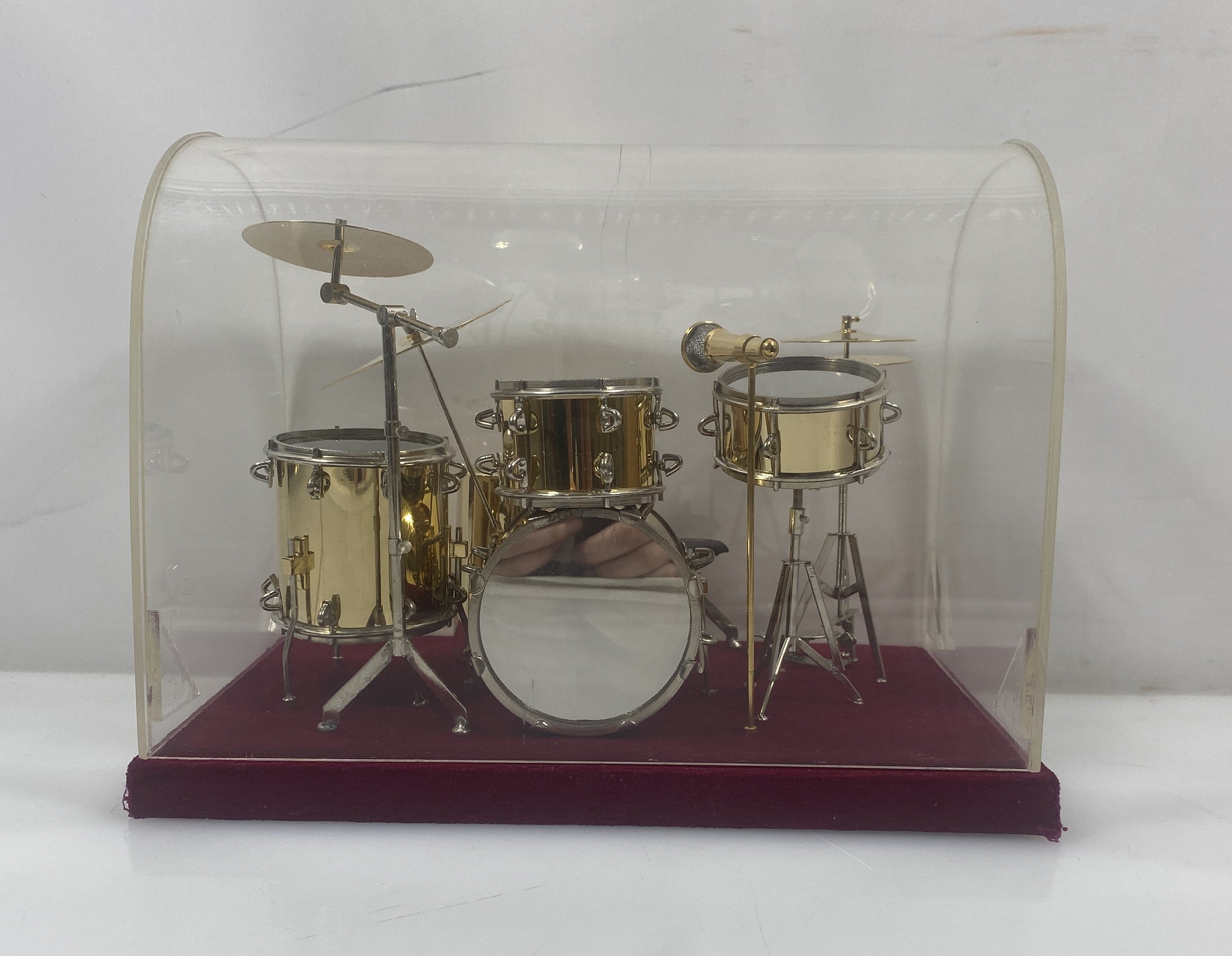Miniature Gold Brass Drum Set Replica With Display Cover